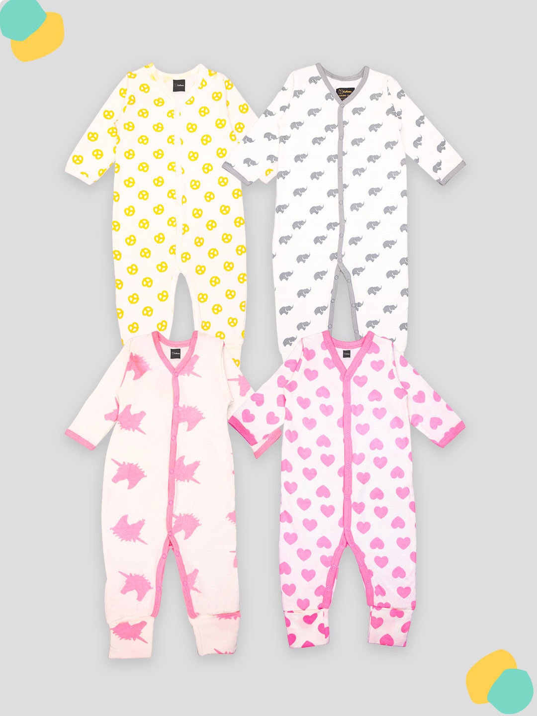 

Kidbea Infants Pack Of 4 Printed Organic Cotton Rompers, Pink