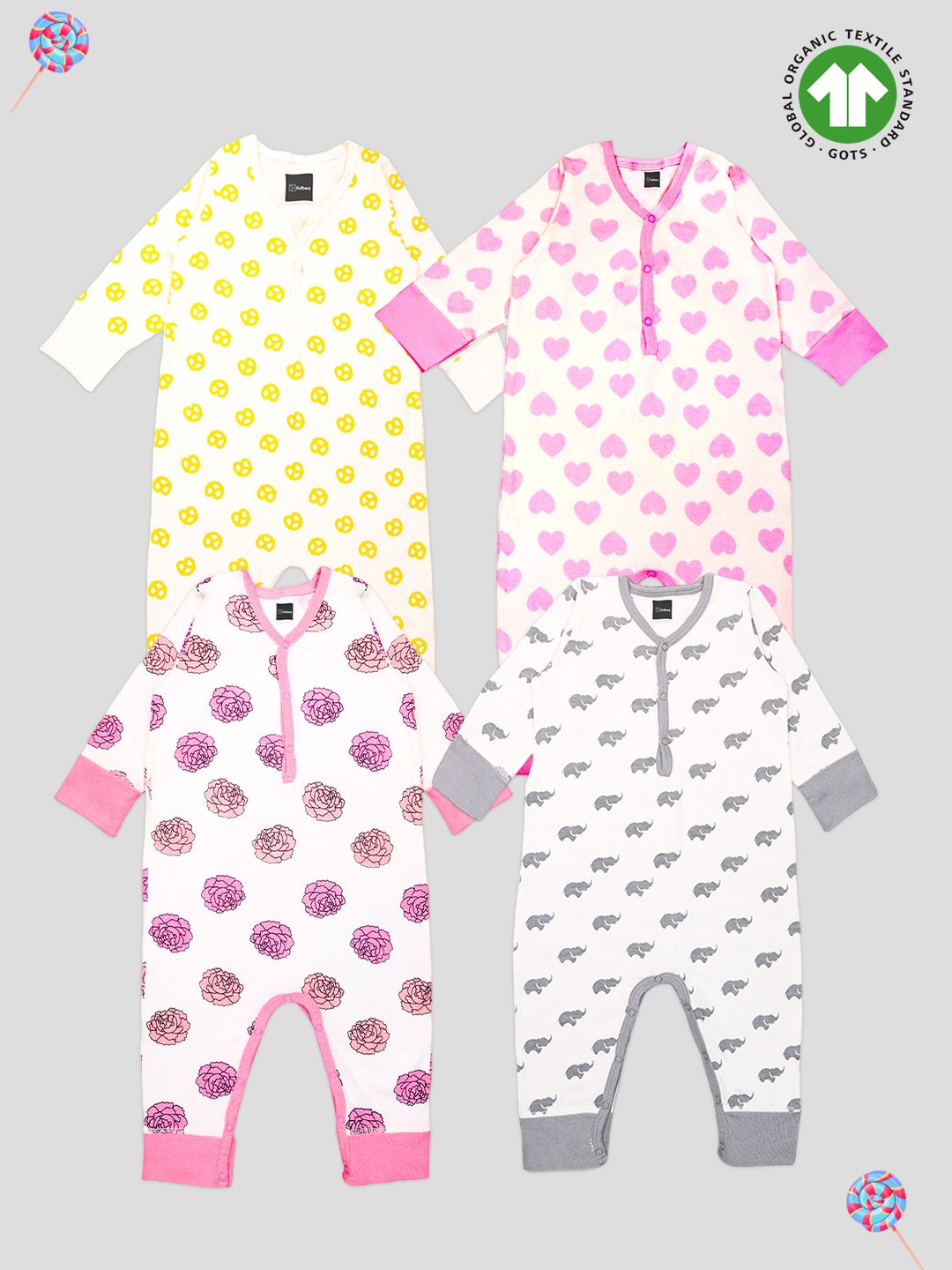 

Kidbea Infants Pack Of 4 Printed Organic Cotton Rompers, White