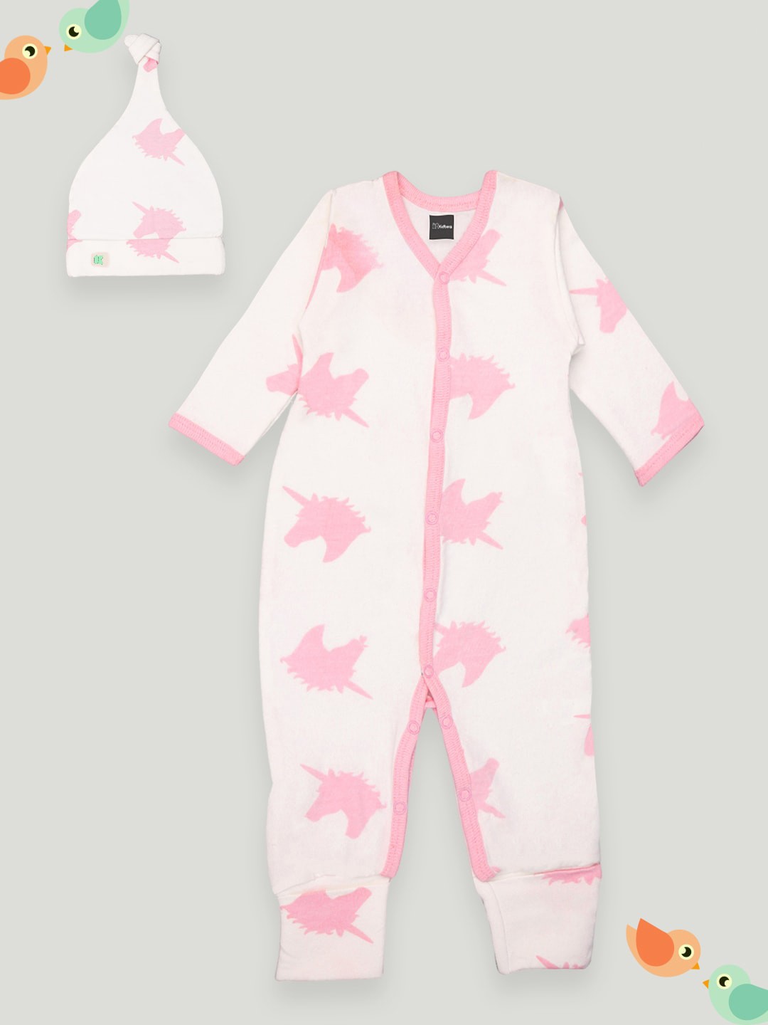 

Kidbea Infant Kids Printed Pure Organic Cotton Rompers With Cap, Pink