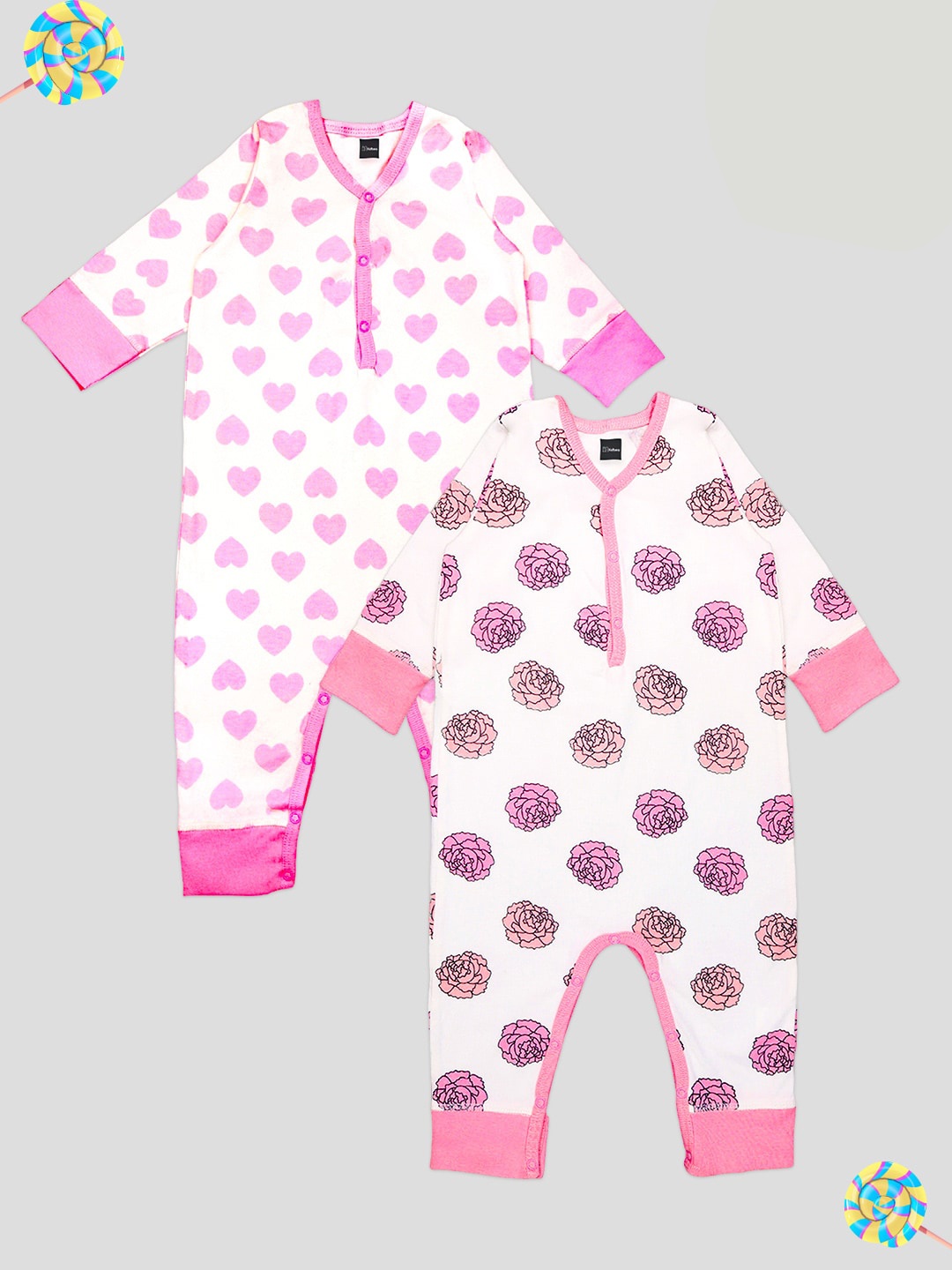 

Kidbea Infants Pack Of 2 Printed Pure Organic Cotton Rompers, Pink