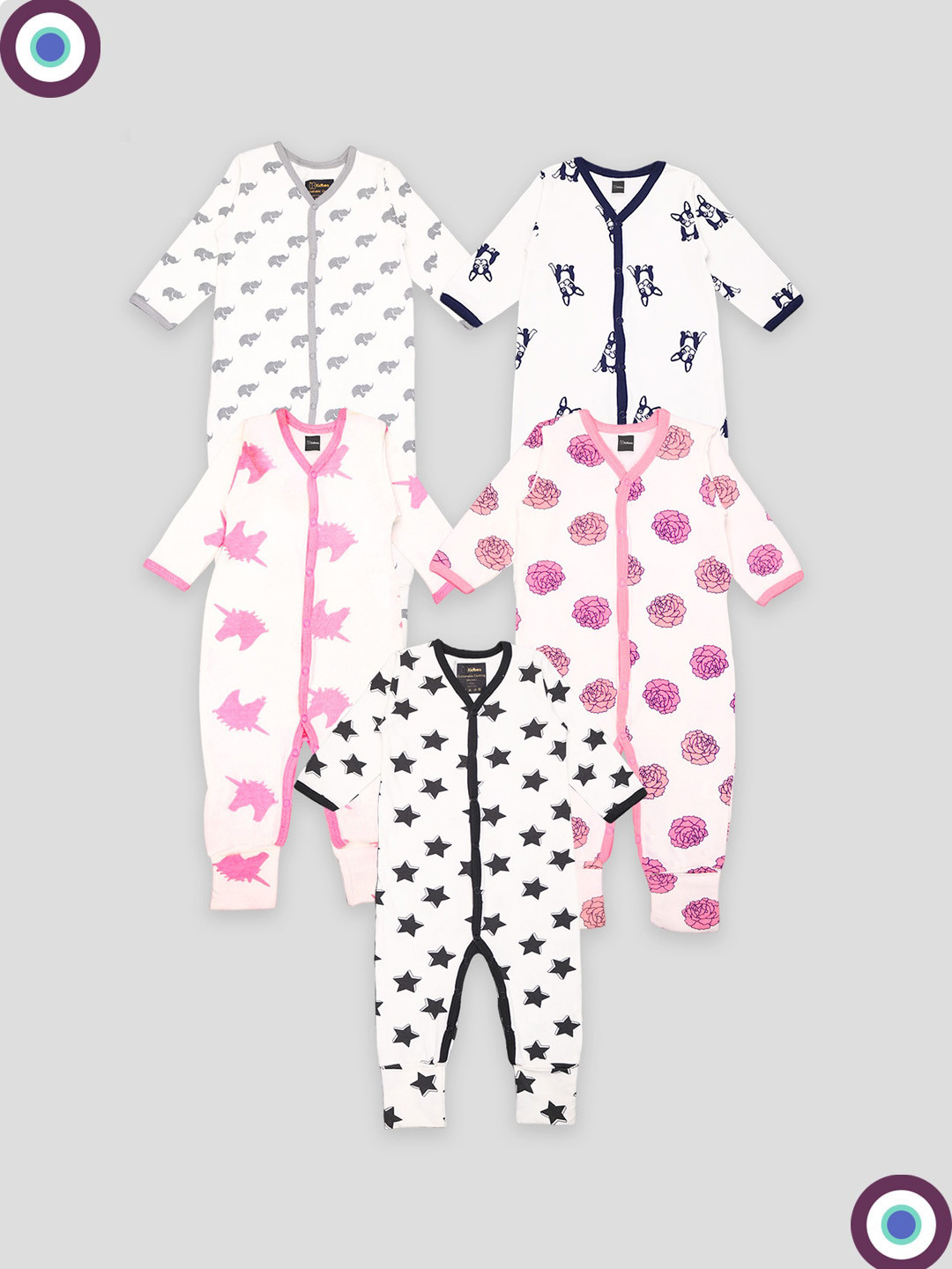 

Kidbea Infants Pack Of 5 Printed Pure Organic Cotton Rompers, Pink