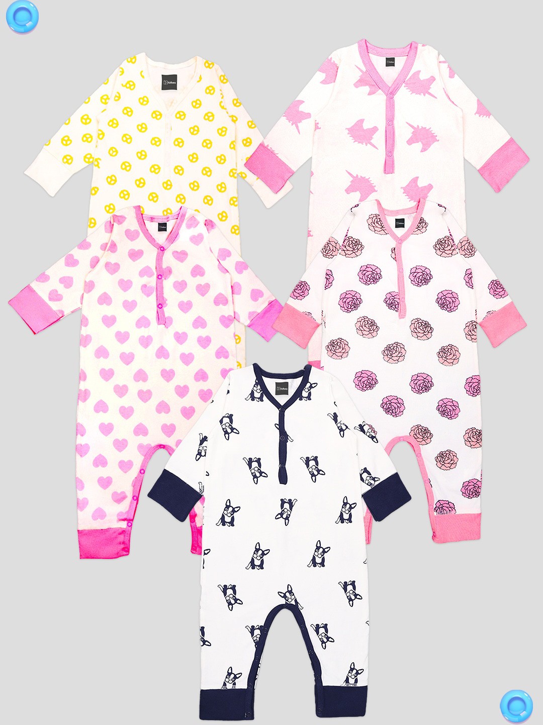 

Kidbea Infants Pack Of 5 Printed Organic Cotton Rompers, White