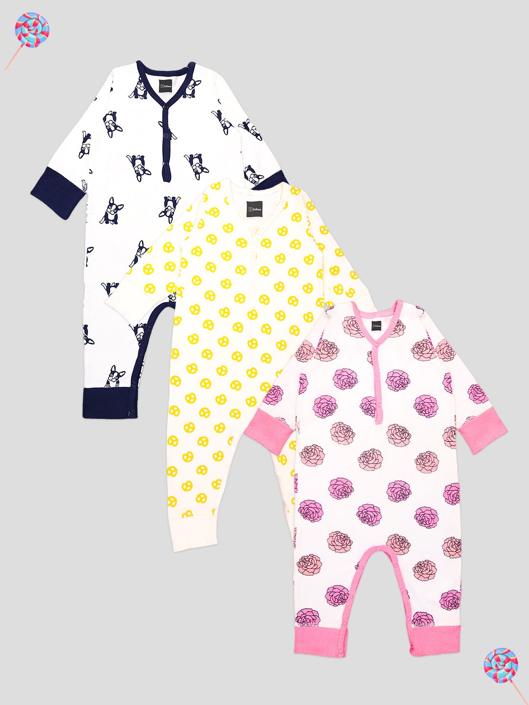 

Kidbea Infants Kids Pack Of 3 Printed Organic Cotton Rompers, White