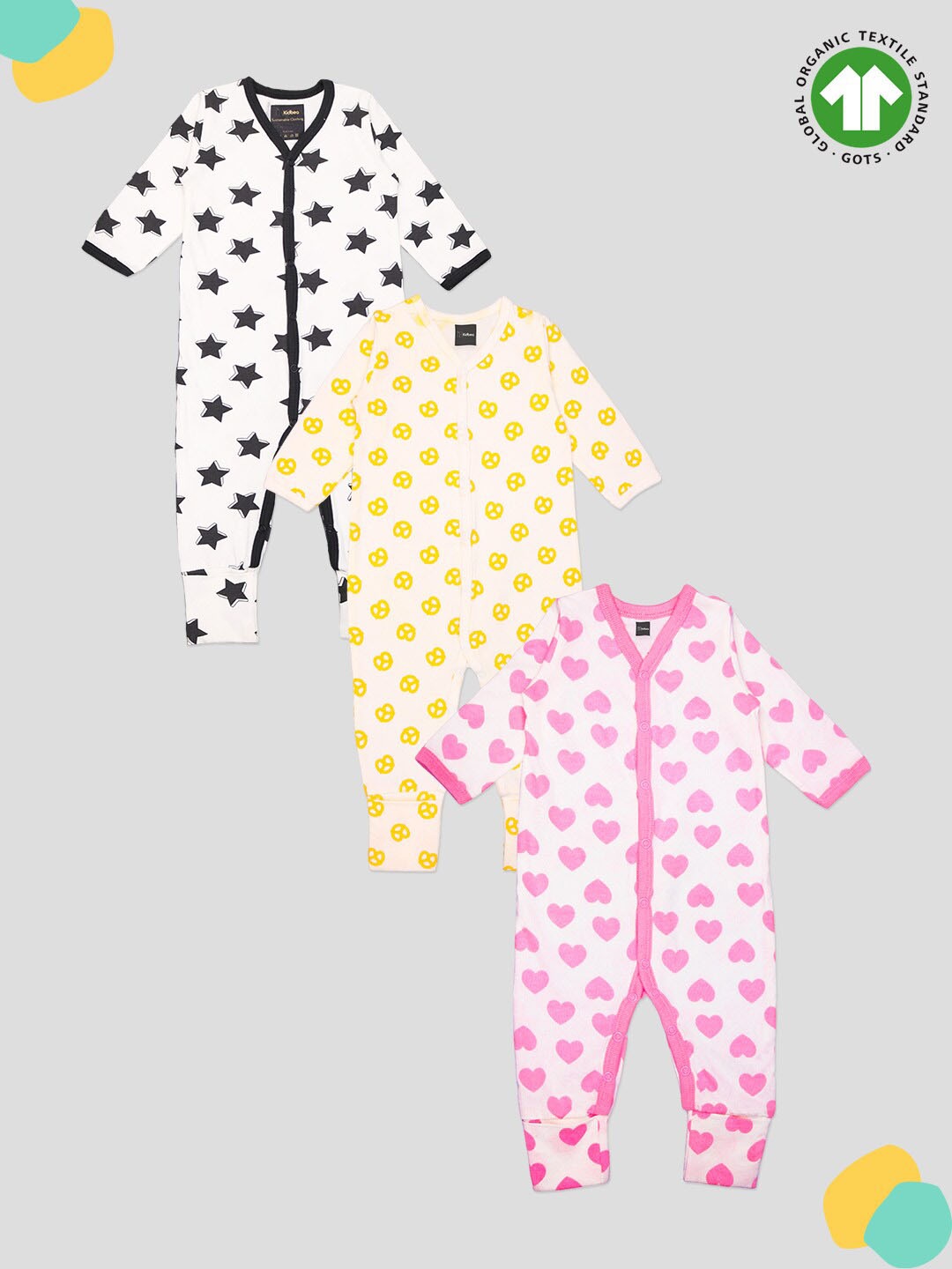 

Kidbea Infants Pack Of 3 Printed Organic Cotton Rompers, Pink