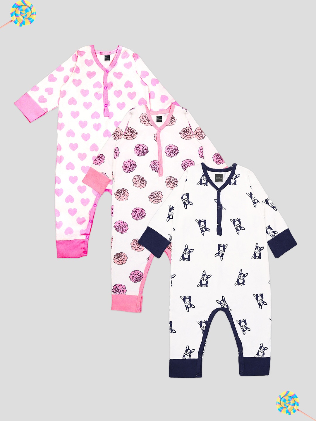 

Kidbea Infants Kids Pack Of 3 Printed Cotton Rompers, Blue