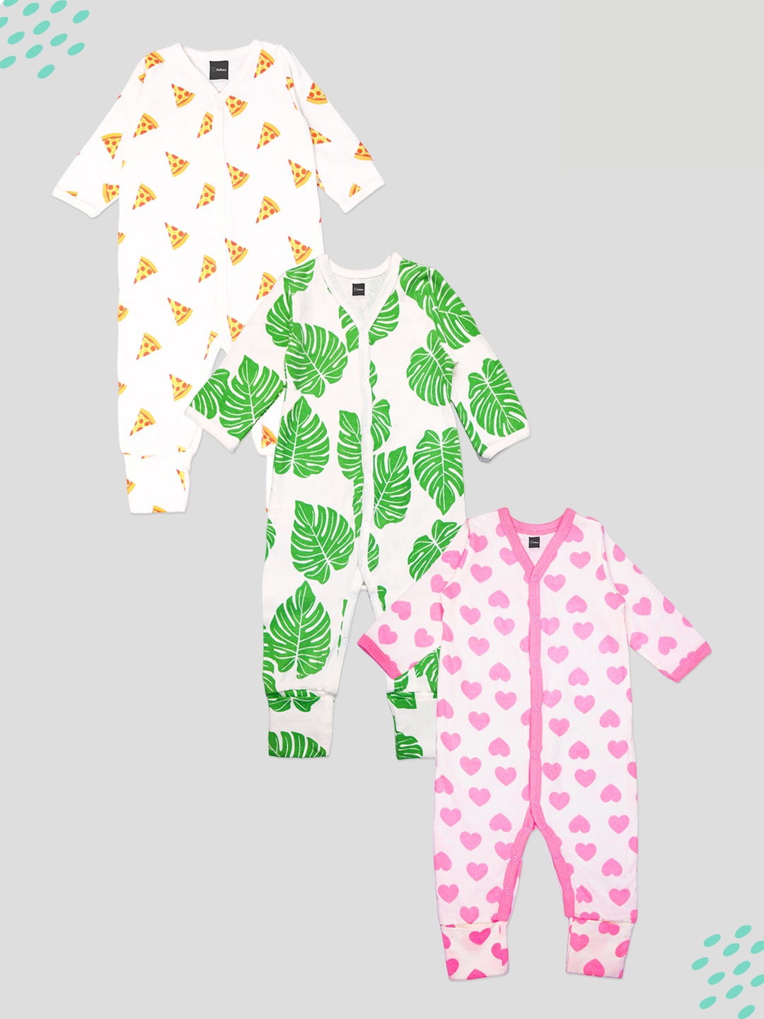 

Kidbea Infants Kids Pack Of 3 Printed Pure Organic Cotton Rompers, Green