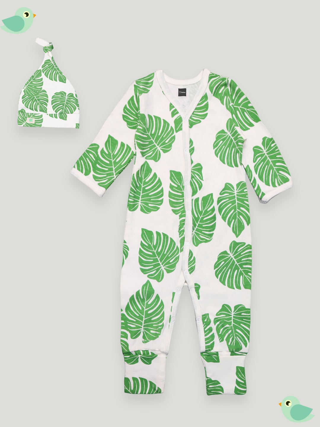 

Kidbea Infants Printed Cotton Rompers With Cap, Green