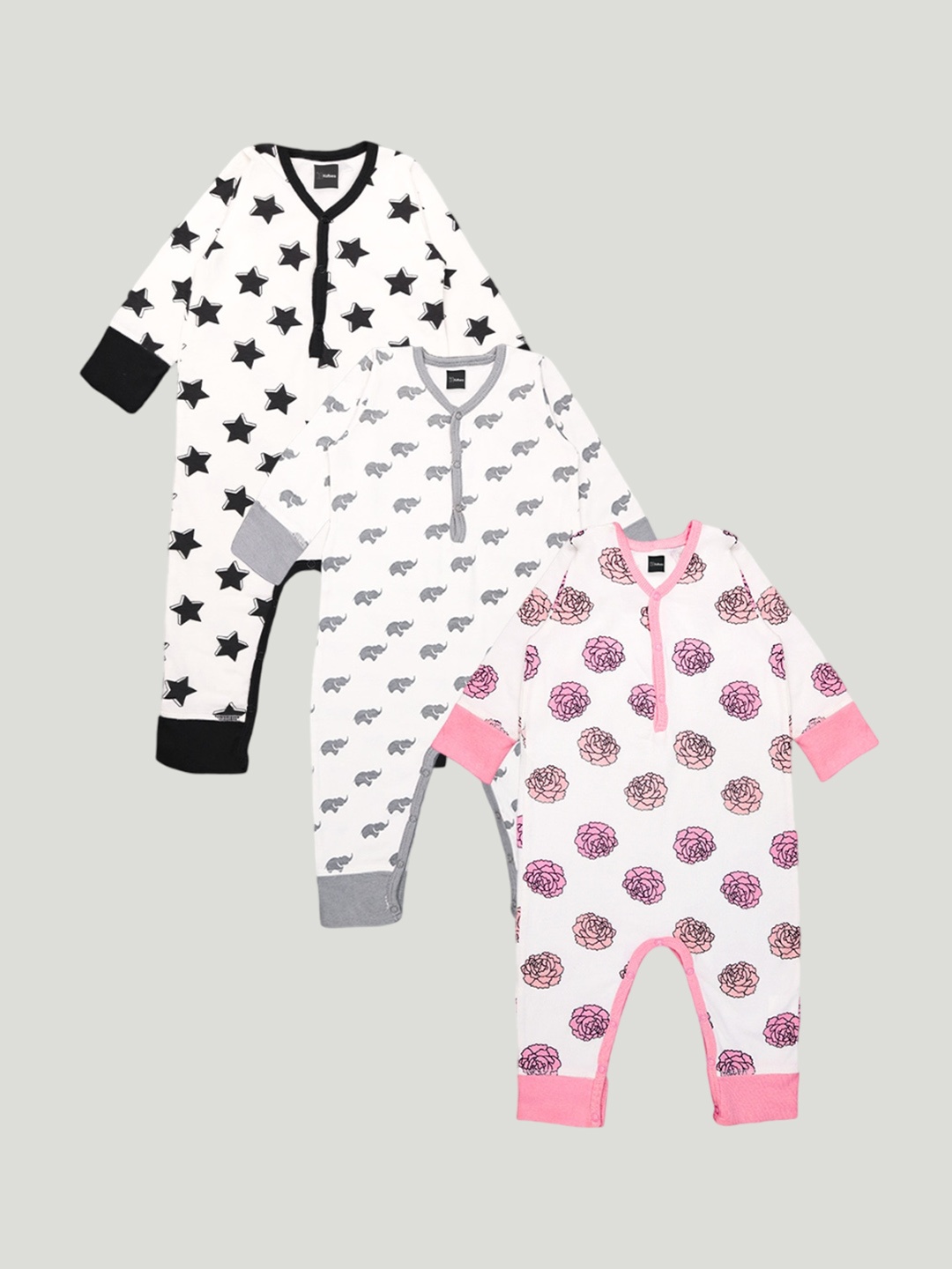 

Kidbea Infants Pack Of 3 Printed Pure Organic Cotton Rompers, Black