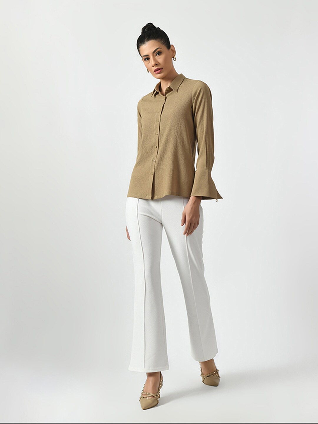 

OFFICE & YOU Spread Collar Long Sleeves Casual Shirt, Beige