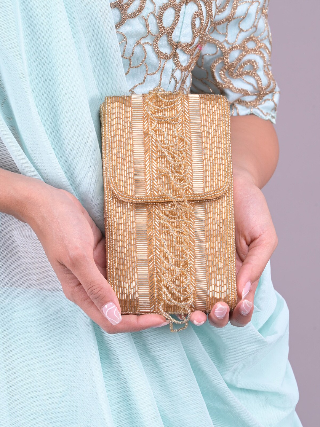 

ODETTE Embroidered Foldover Clutch, Gold