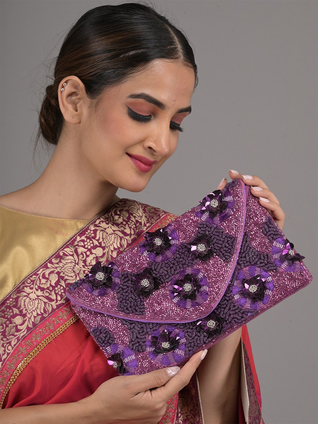 

ODETTE Embroidered Envelope Clutch, Purple