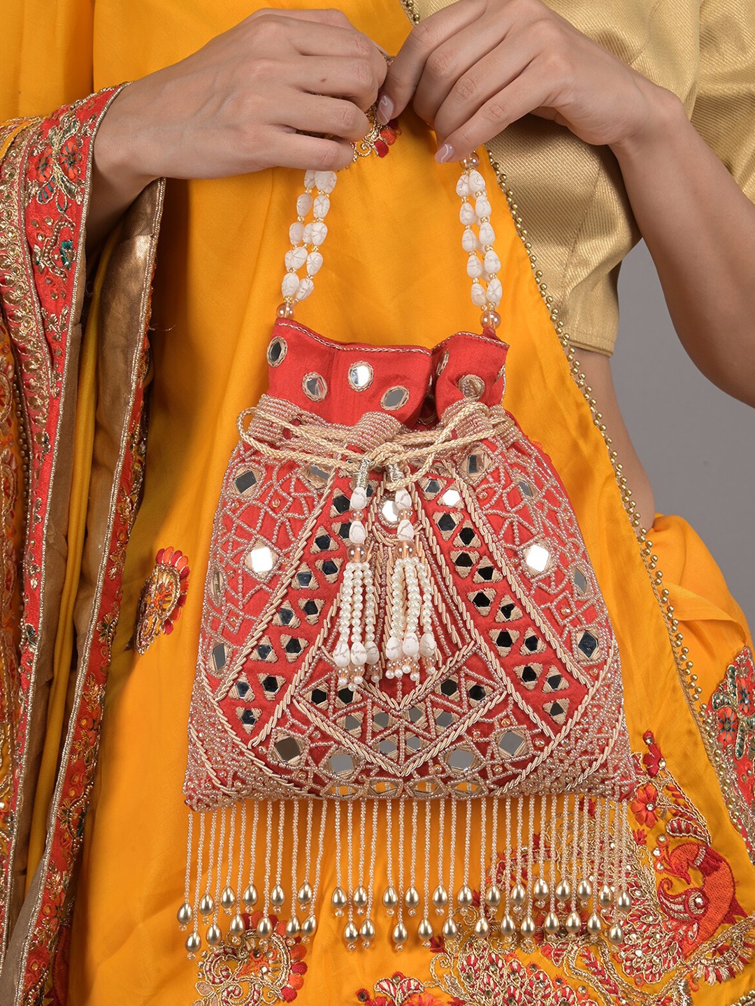 

ODETTE Embroidered Potli Clutch, Red