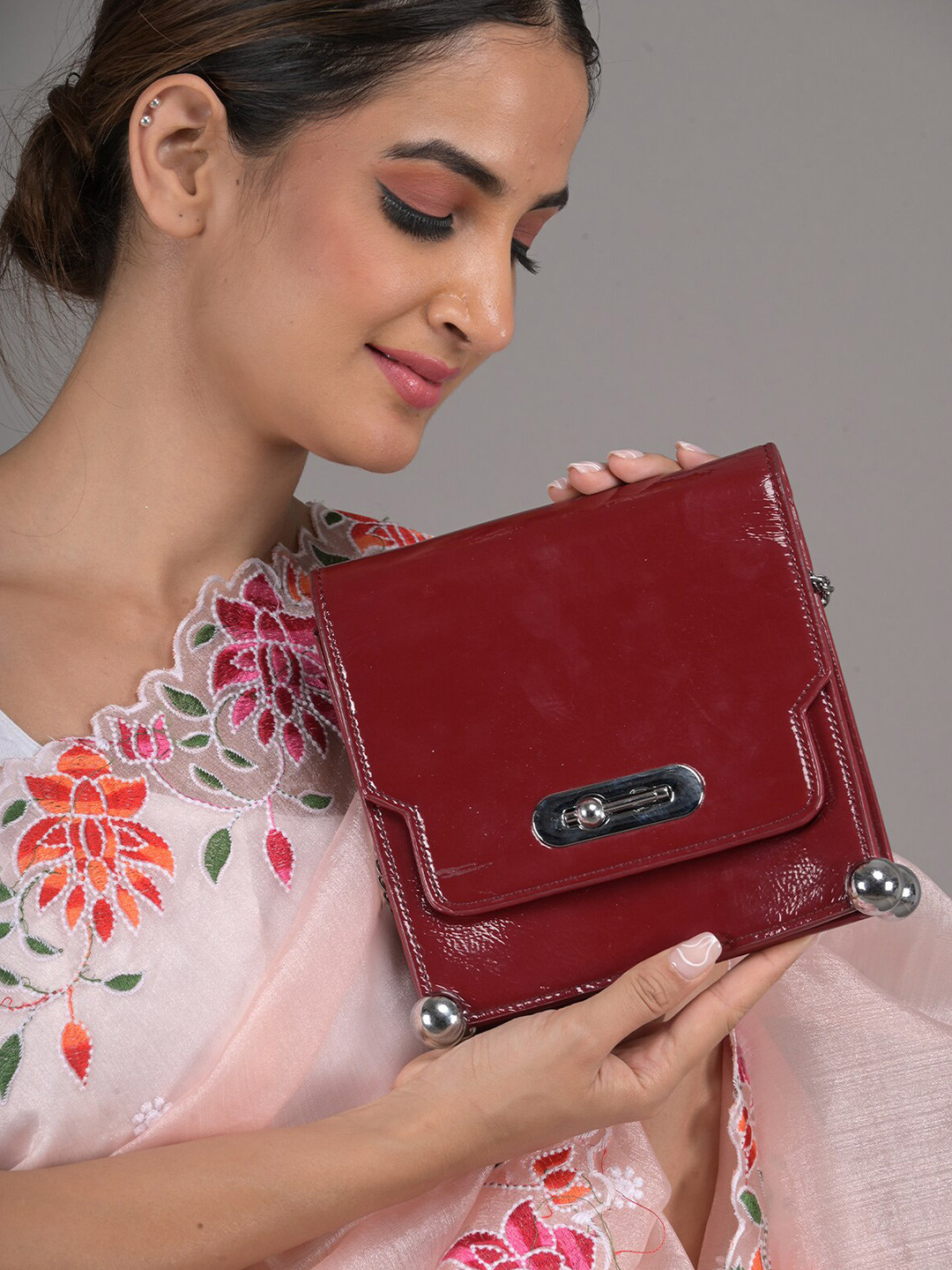 

ODETTE Glossy Leather Sling Bag, Maroon
