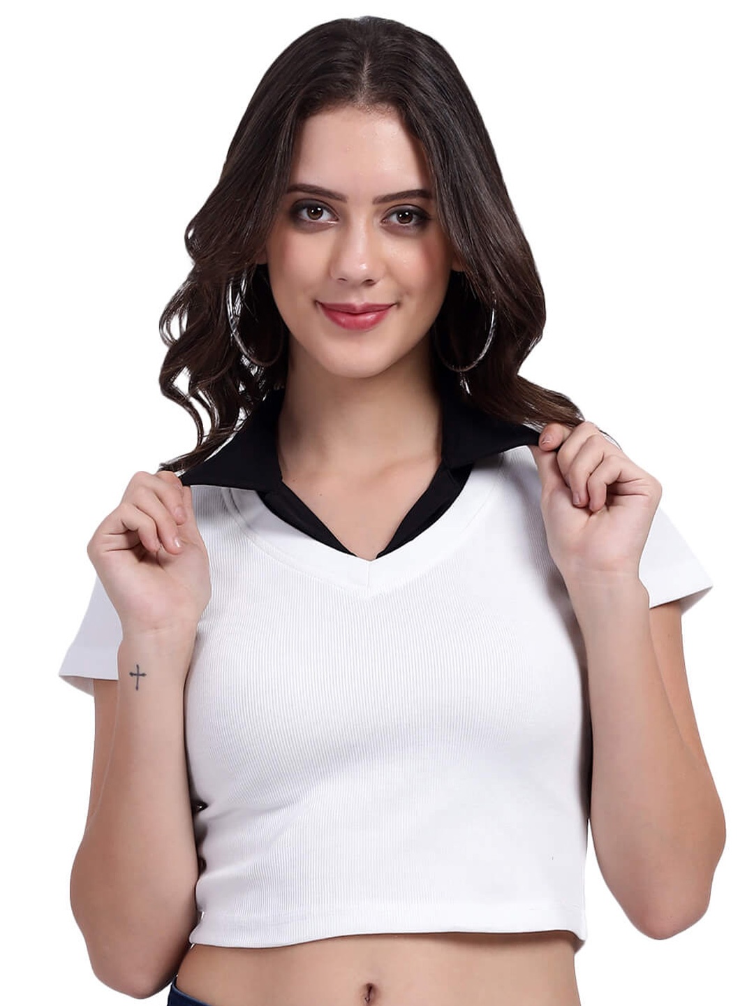 

TABADTOD Shirt Collar Short Sleeves Rib Fitted Crop Top, White