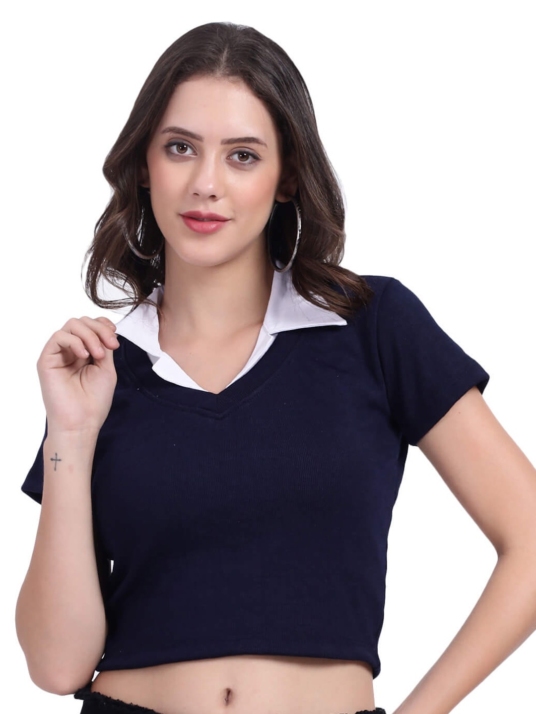 

TABADTOD Shirt Collar Short Sleeves Rib Fitted Crop Top, Navy blue