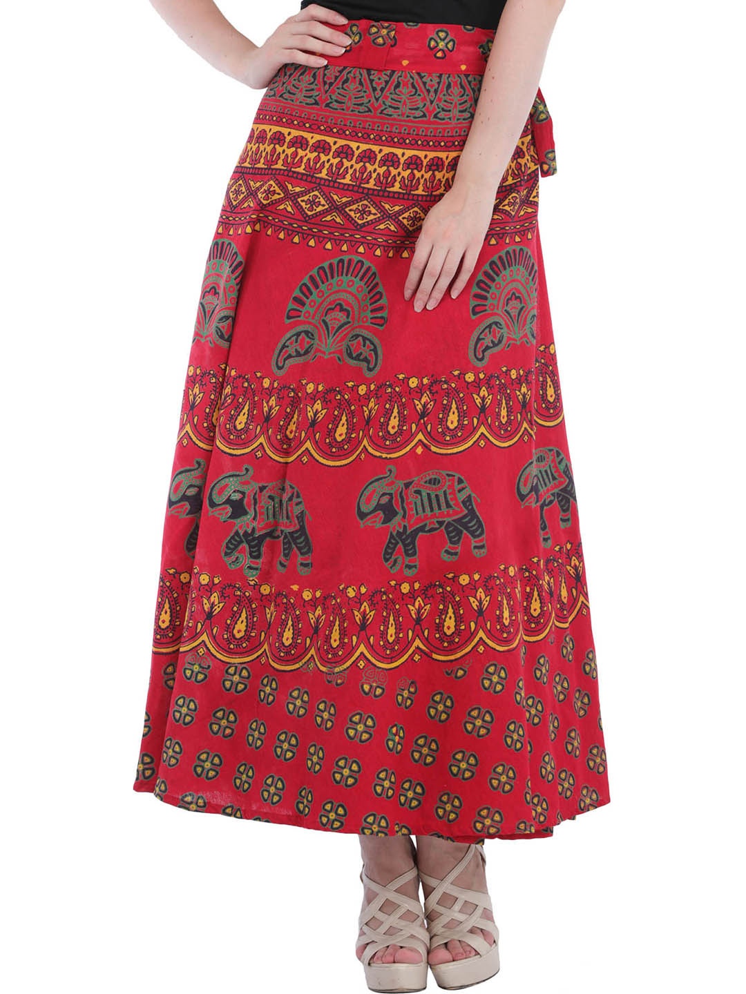 

Exotic India Printed Pure Cotton Wrap Maxi Skirts, Red
