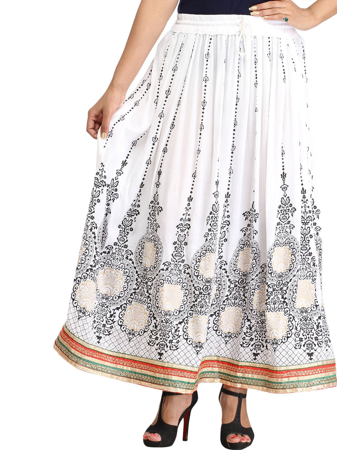 

Exotic India Embellished Embroidered Flared A-Line Maxi Skirt, White