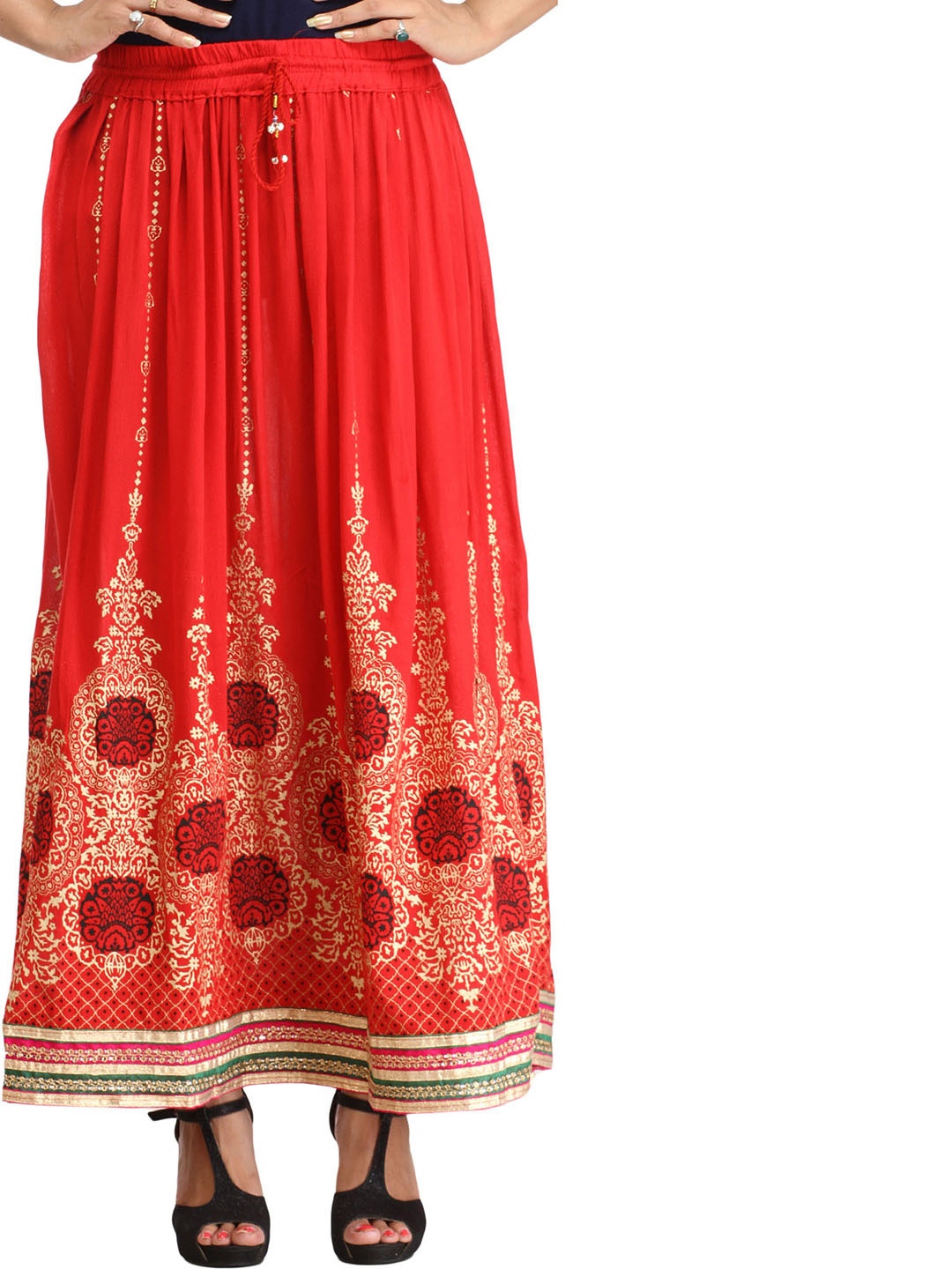 

Exotic India Embellished Printed Flared Maxi A-Line Skirt, Red