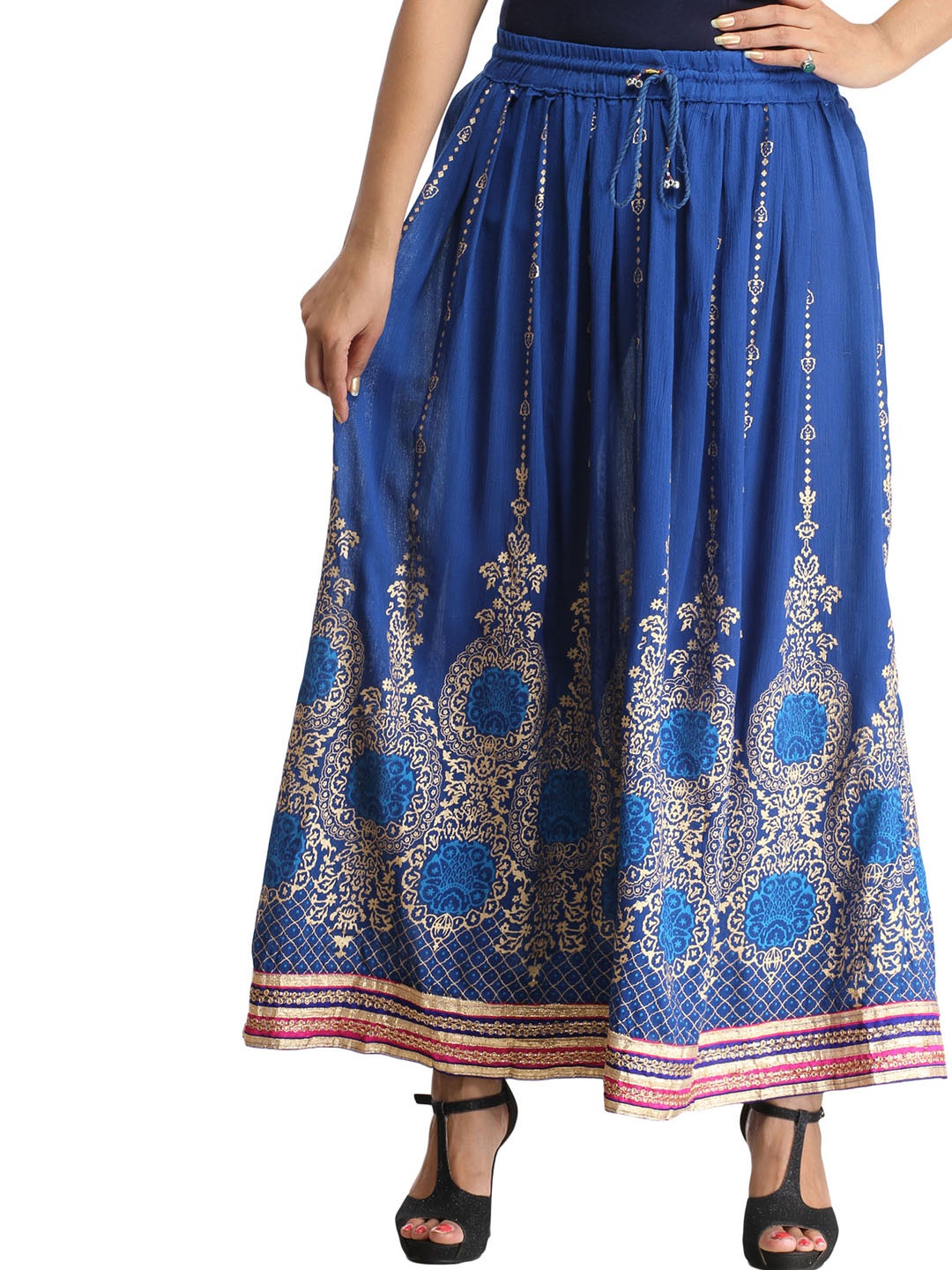 

Exotic India Embellished Flared A-Line Maxi Skirt, Blue