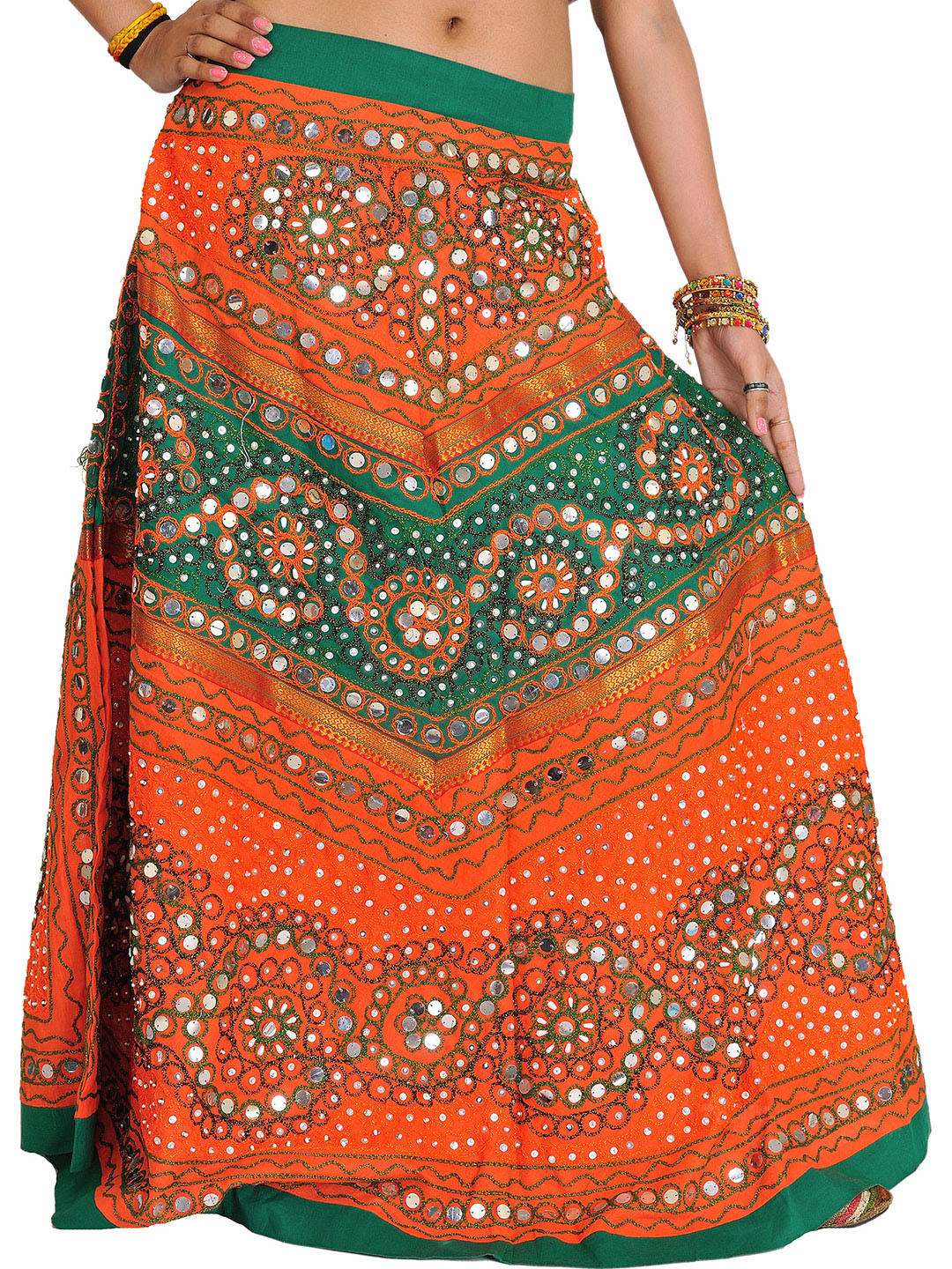 

Exotic India Mirror Embroidered Pure Cotton Flared Maxi Skirt, Orange