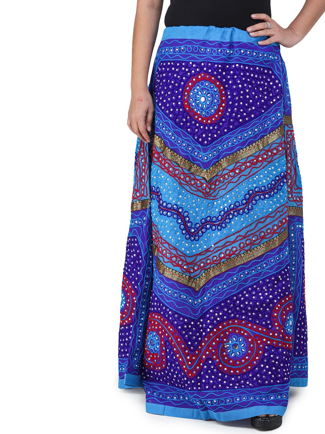 

Exotic India Embellished Printed Pure Cotton Flared Maxi Ghagra Skirt, Blue