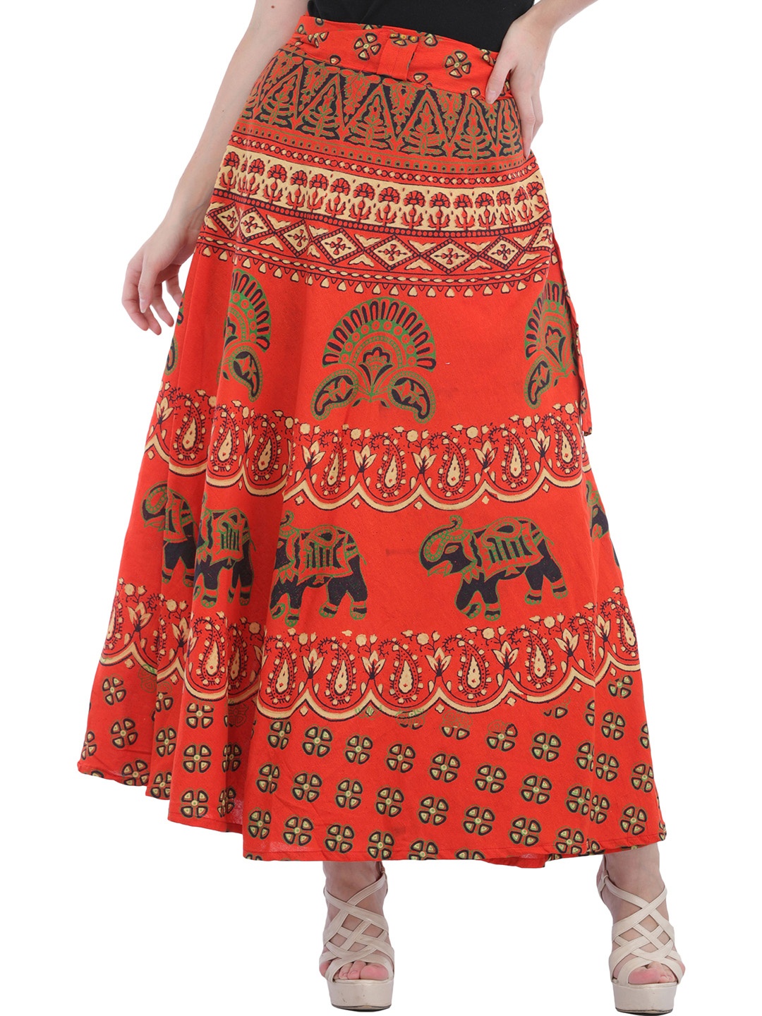 

Exotic India Abstract Printed Pure Cotton Flared Tie-Ups Maxi Ethnic Skirt, Red