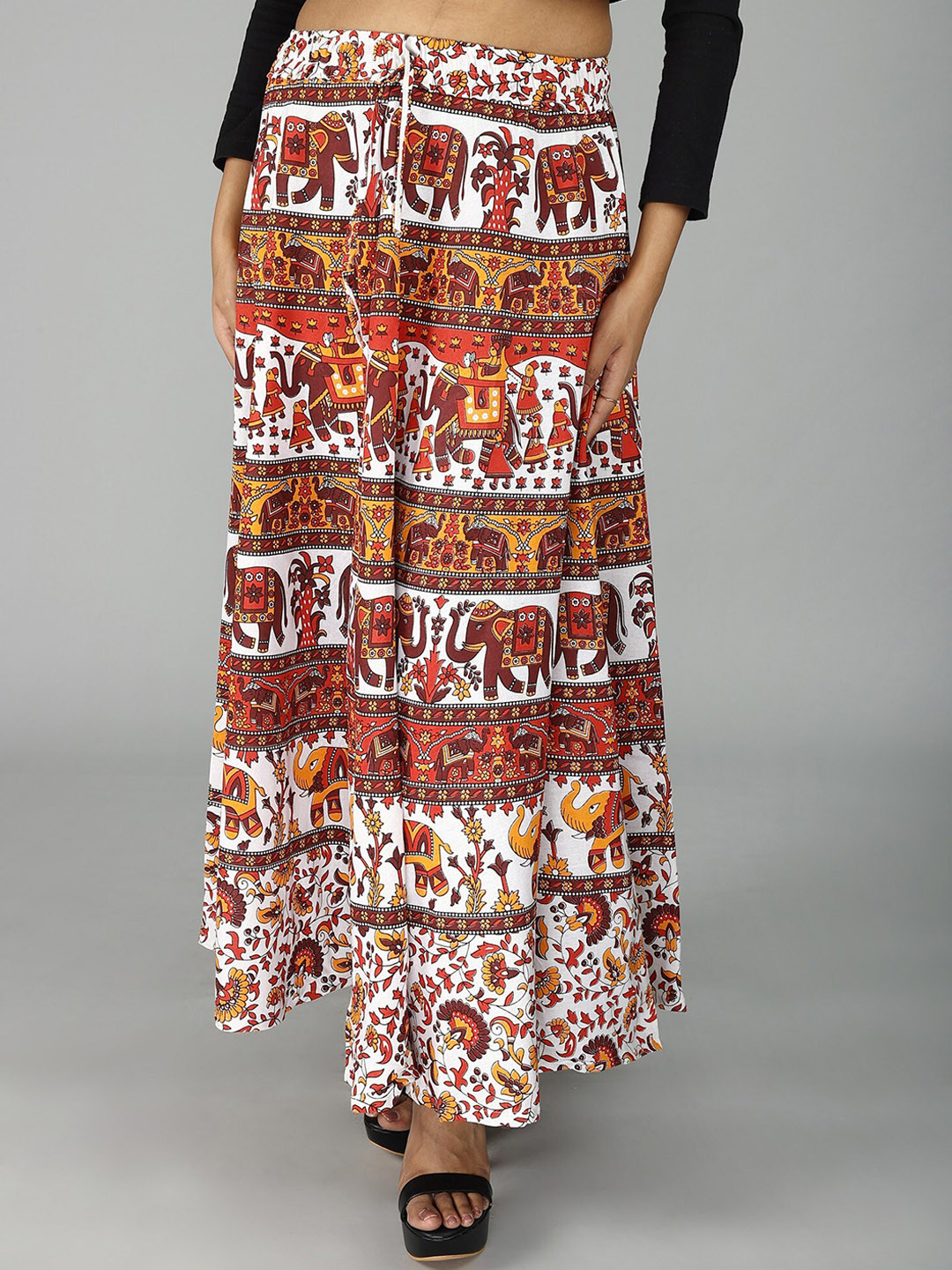 

Exotic India Printed Pure Cotton Wrap Maxi Skirt, Orange
