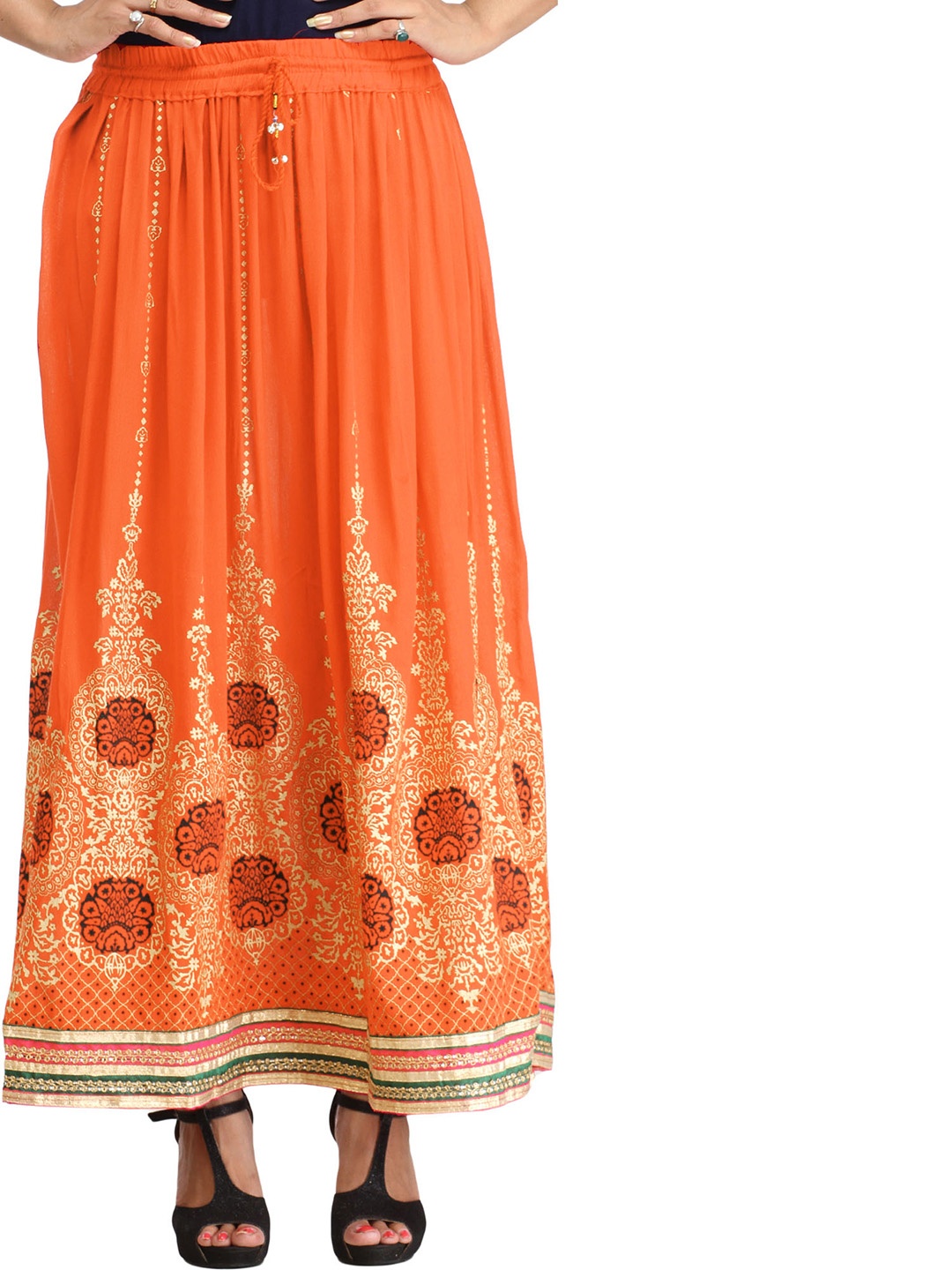 

Exotic India Floral Printed Flared Maxi Skirts, Coral