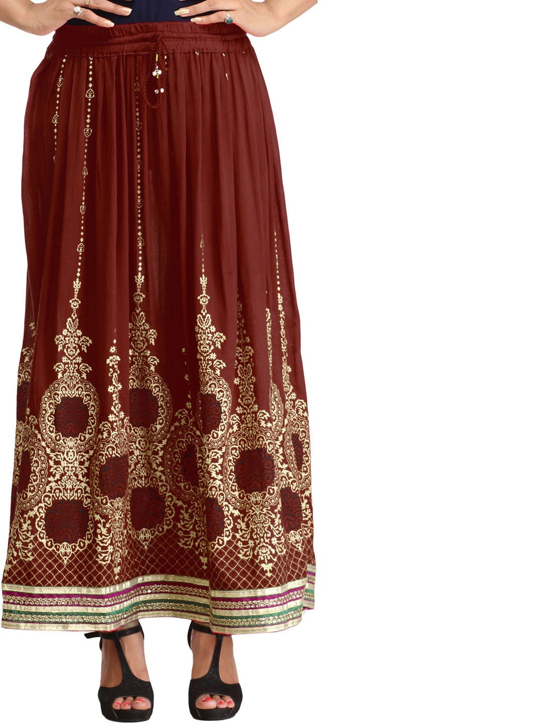 

Exotic India Ethnic Motifs Printed Cotton Flared Maxi Skirt, Brown