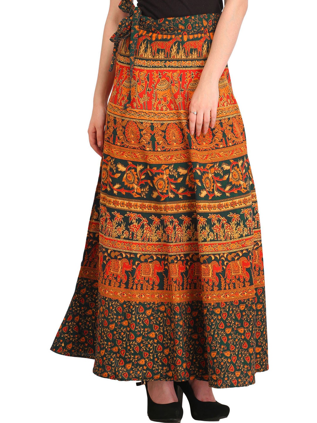 

Exotic India Animals Printed Pure Cotton Flared Maxi Ethnic Skirt, Green