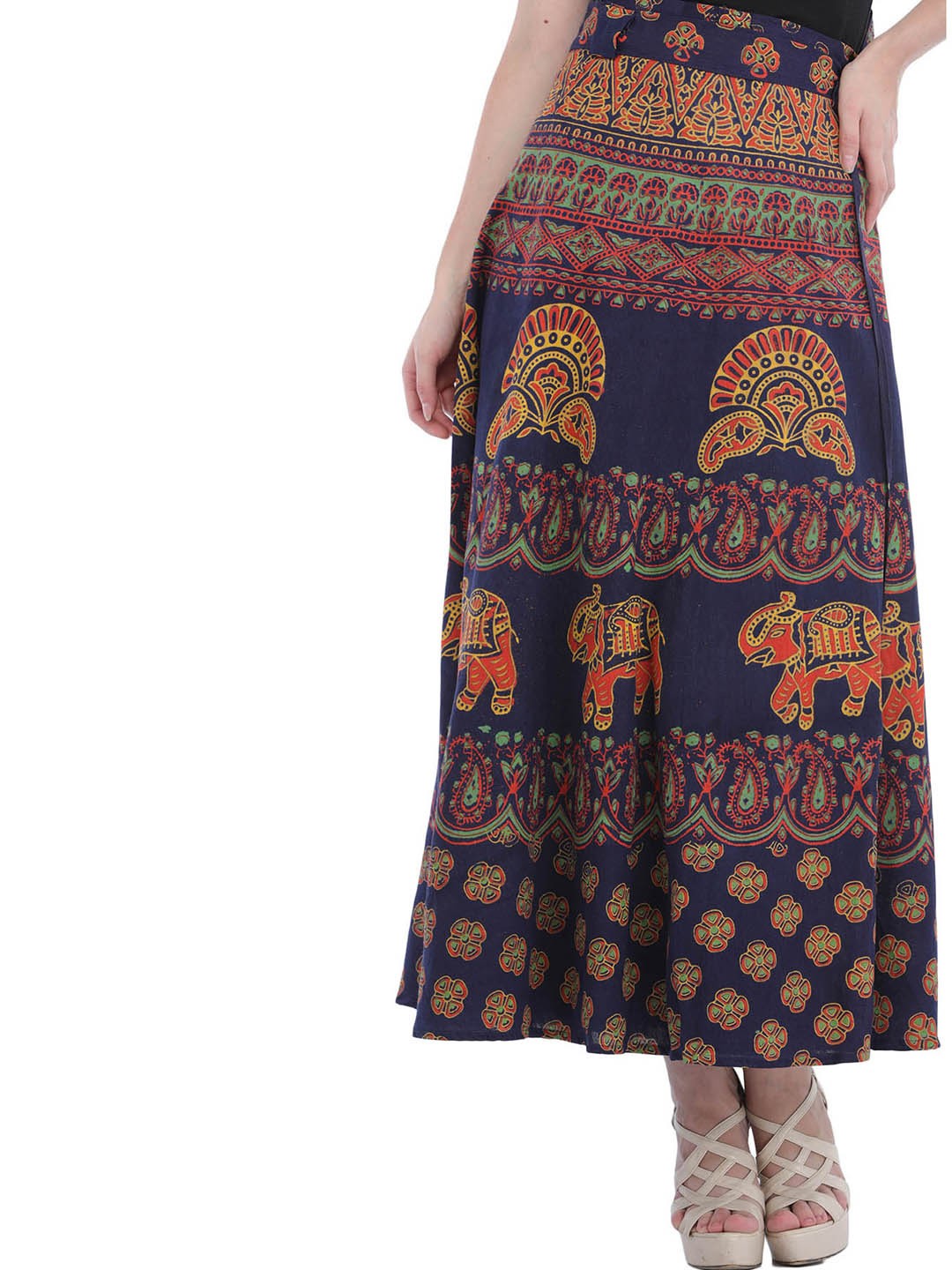 

Exotic India Printed Pure Cotton Wrap-Around Long Skirt, Blue