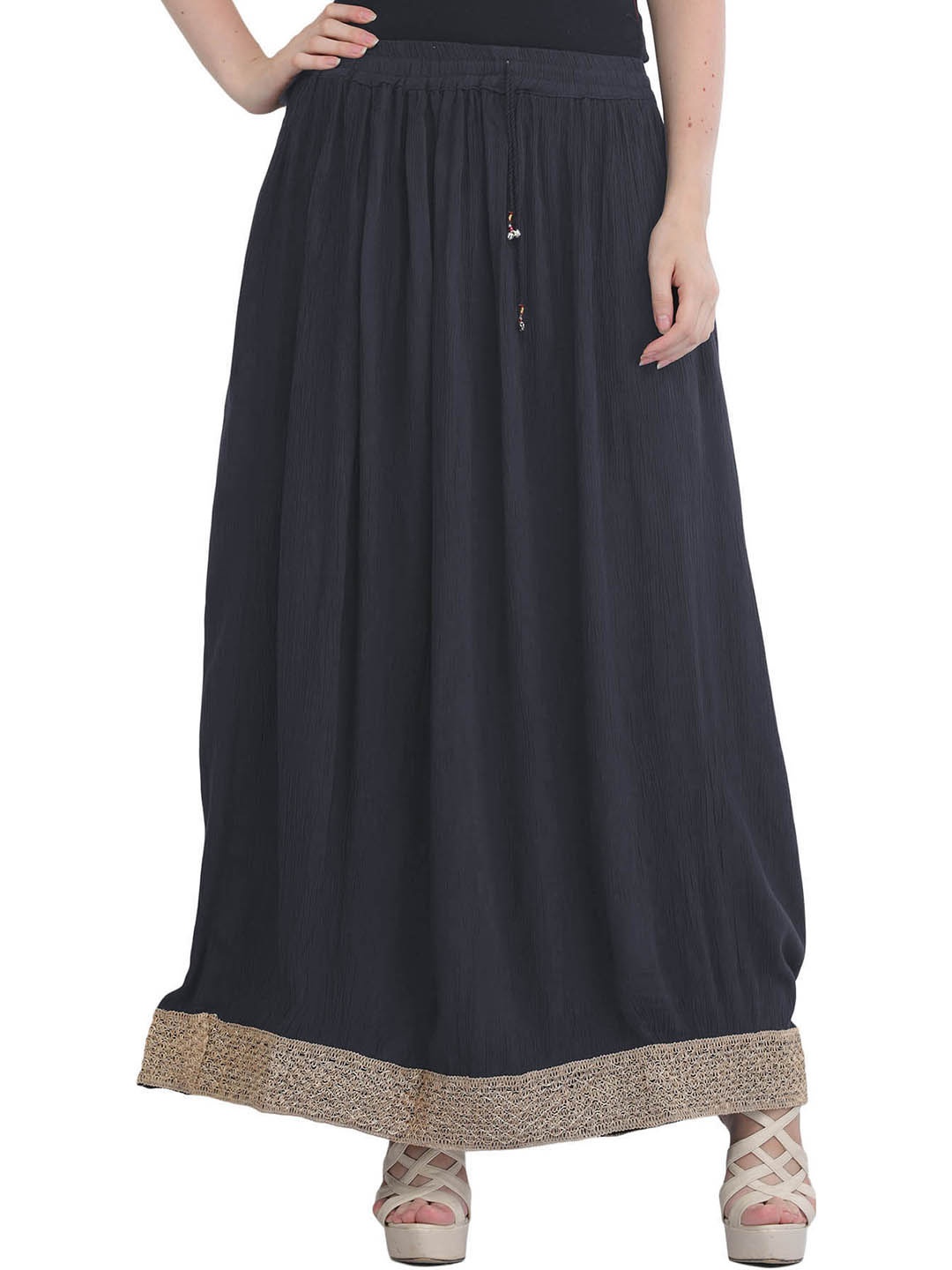 

Exotic India Flared Maxi Ethnic Skirt, Navy blue