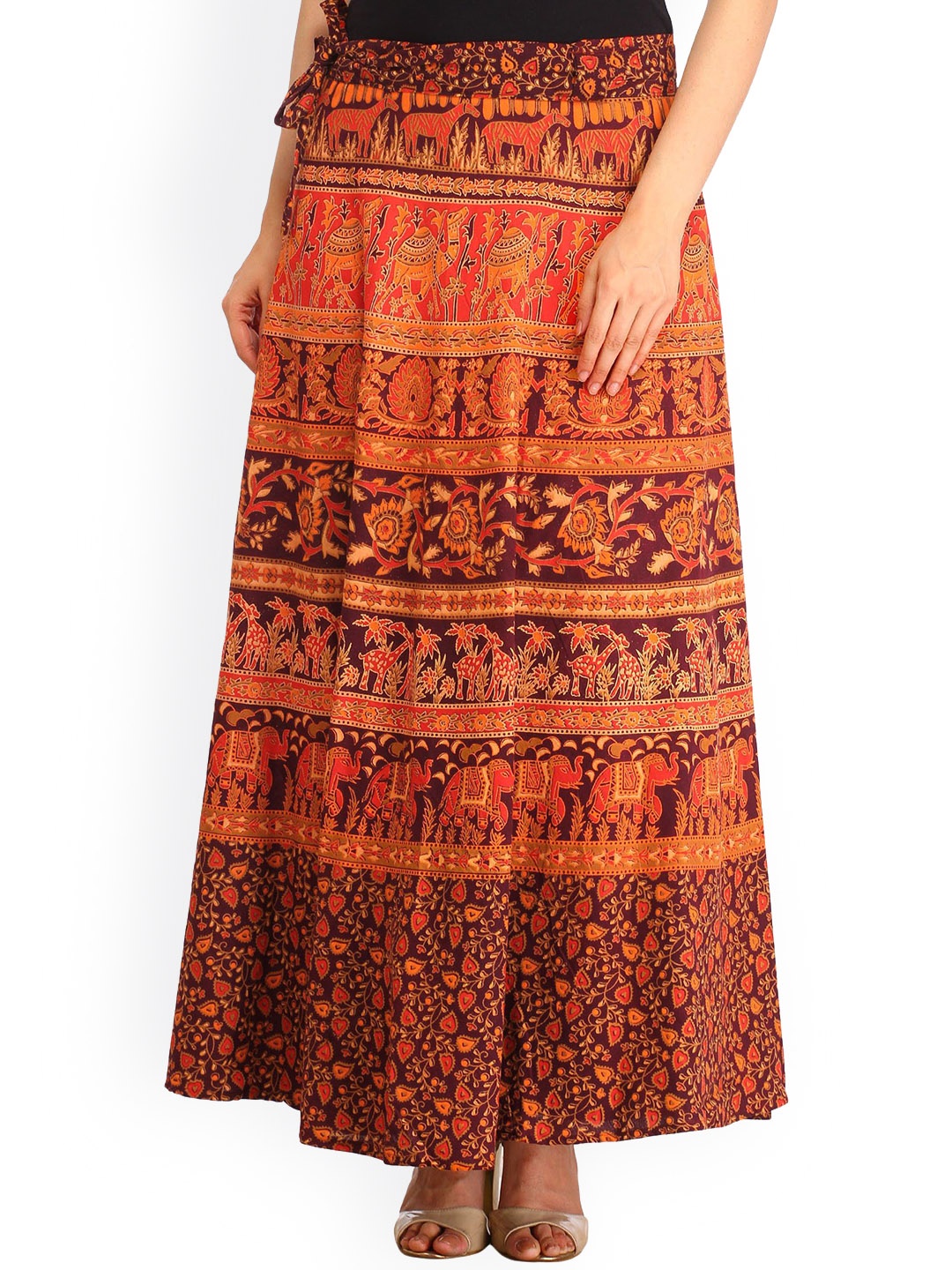 

Exotic India Printed Pure Cotton Wrap Maxi Skirt, Orange