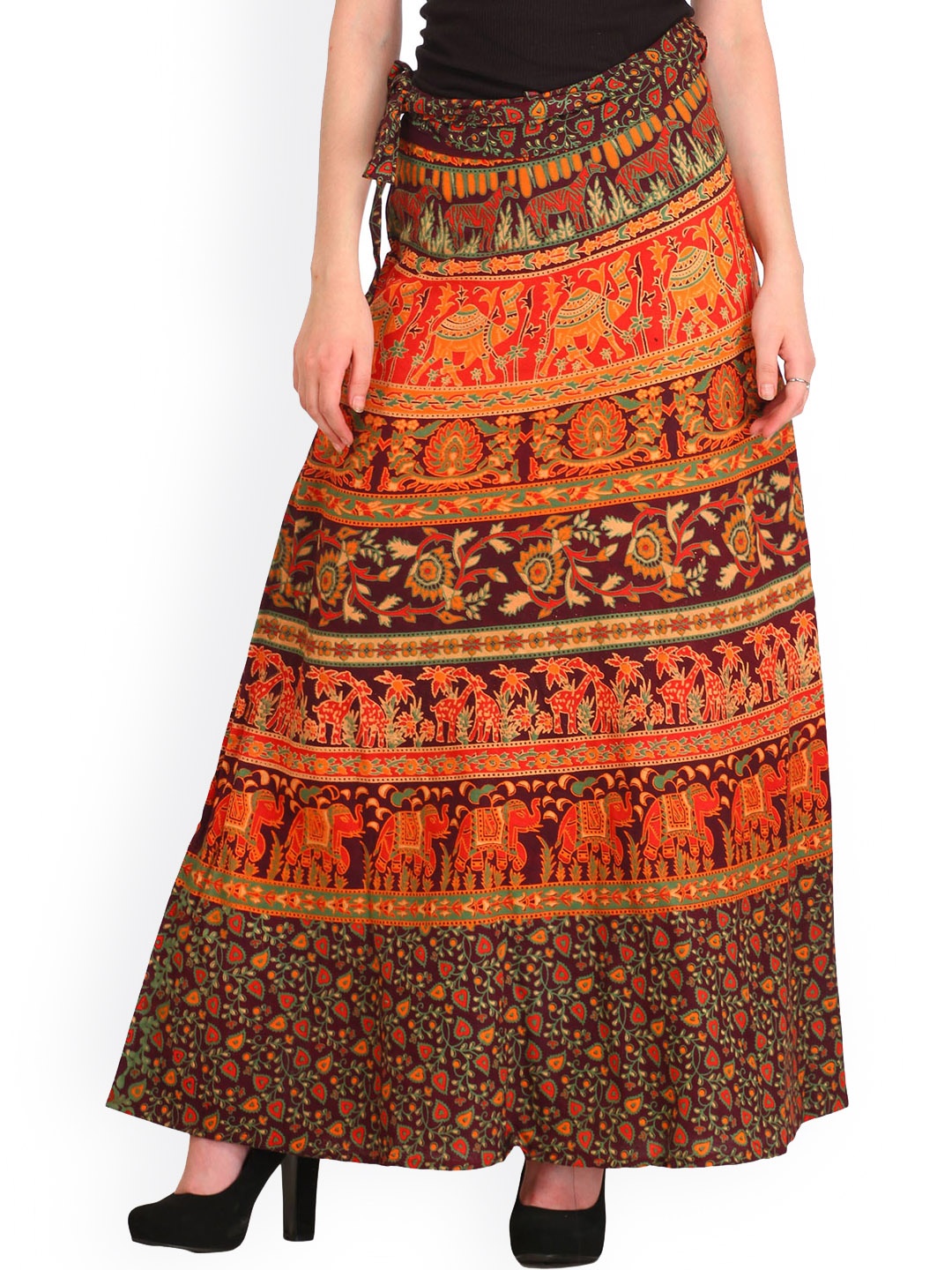 

Exotic India Ethnic Printed Pure Cotton Wrap Maxi Skirts, Maroon