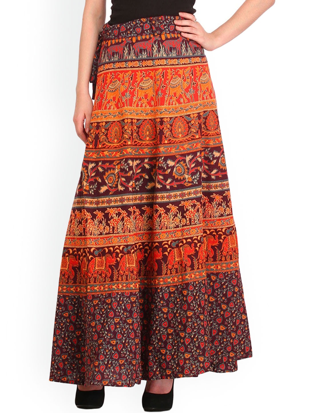 

Exotic India Printed Animals Wrap-Around Pure Cotton Maxi Skirt, Maroon