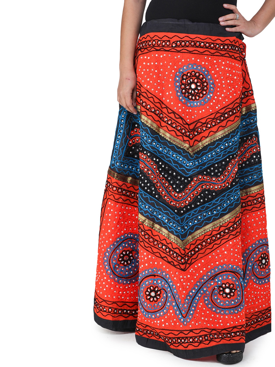 

Exotic India Geometric Embroidered Pure Cotton Flared Maxi Skirts, Orange