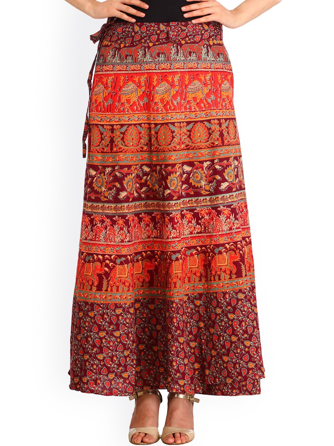 

Exotic India Windsor Wine Printed Animals Wrap-Around Pure Cotton Long Skirt, Maroon