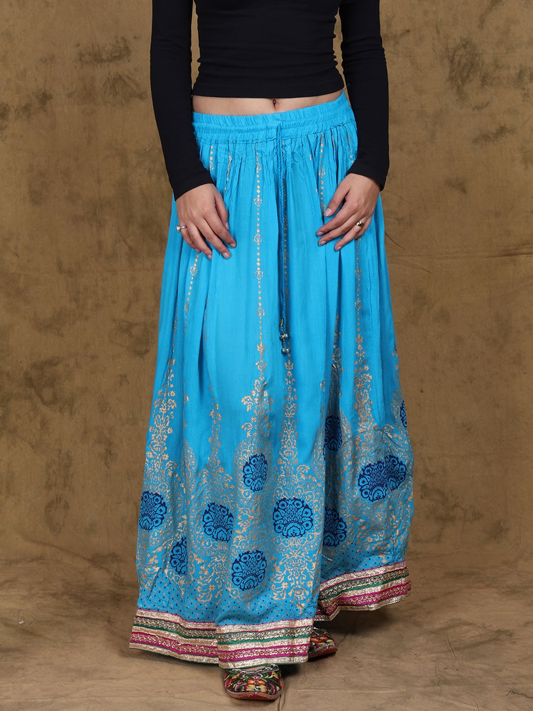 

Exotic India Embellished Printed Flared Maxi A-Line Skirt, Blue