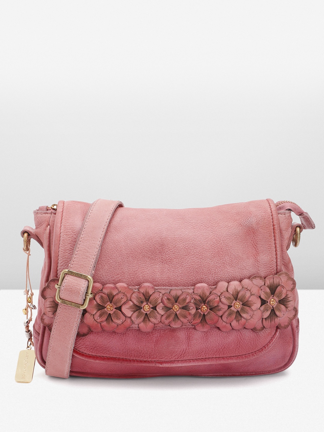 

ART N VINTAGE Floral Textured Leather Structured Sling Bag, Rose