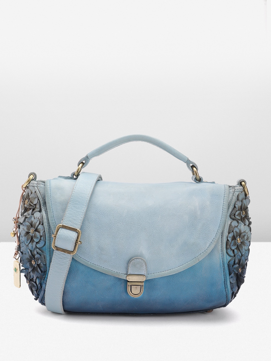 

ART N VINTAGE Floral Leather Structured Sling Bag, Blue