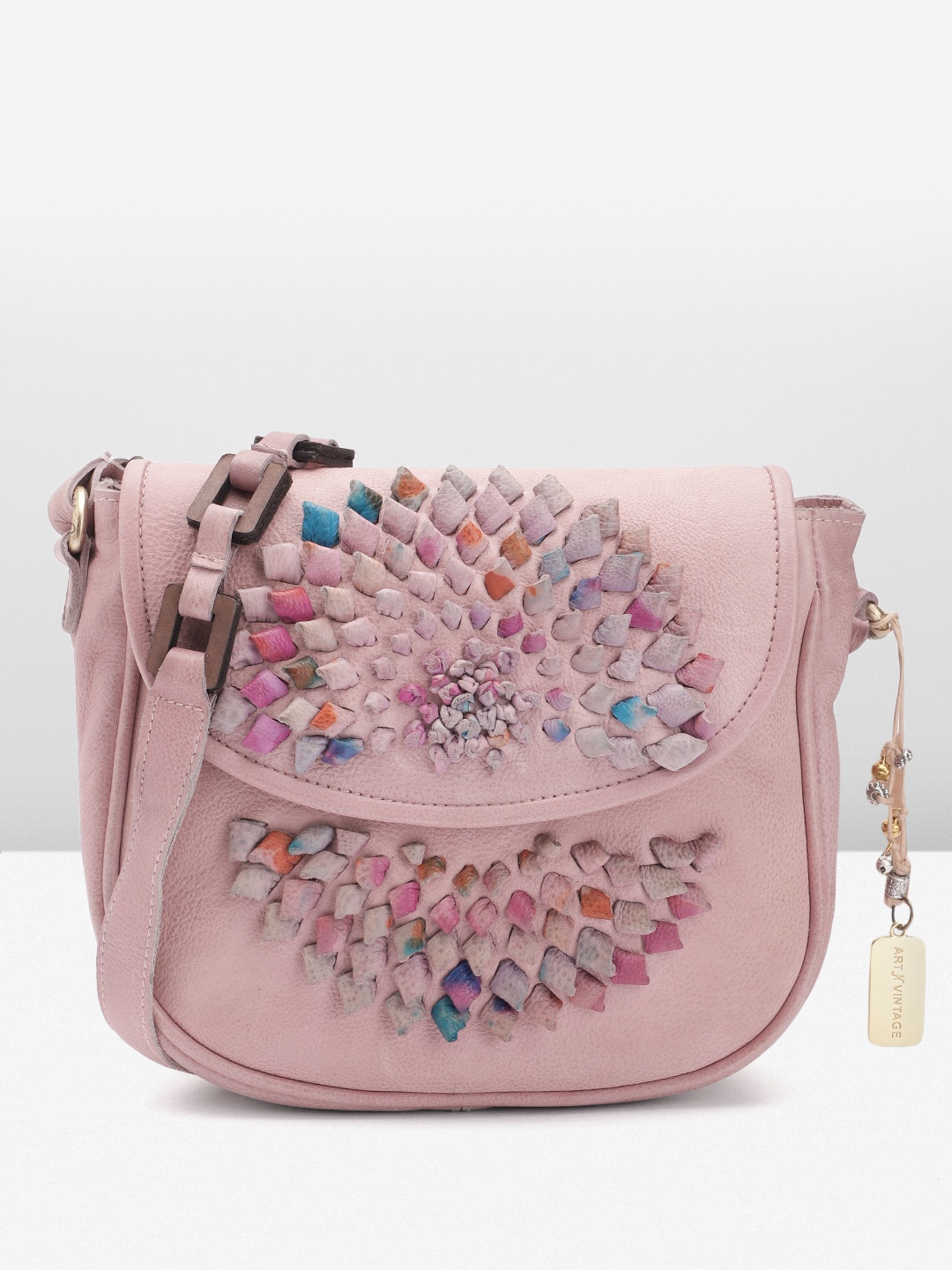 

ART N VINTAGE Floral Textured Leather Structured Sling Bag, Pink