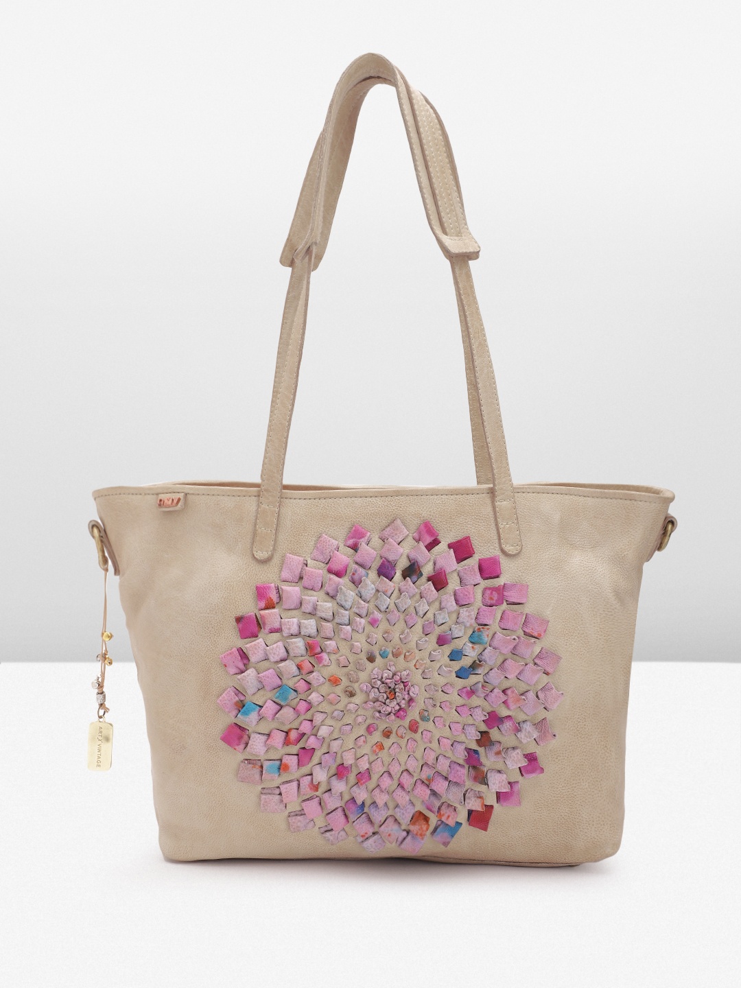 

ART N VINTAGE Floral Textured Leather Shopper Tote Bag, Beige