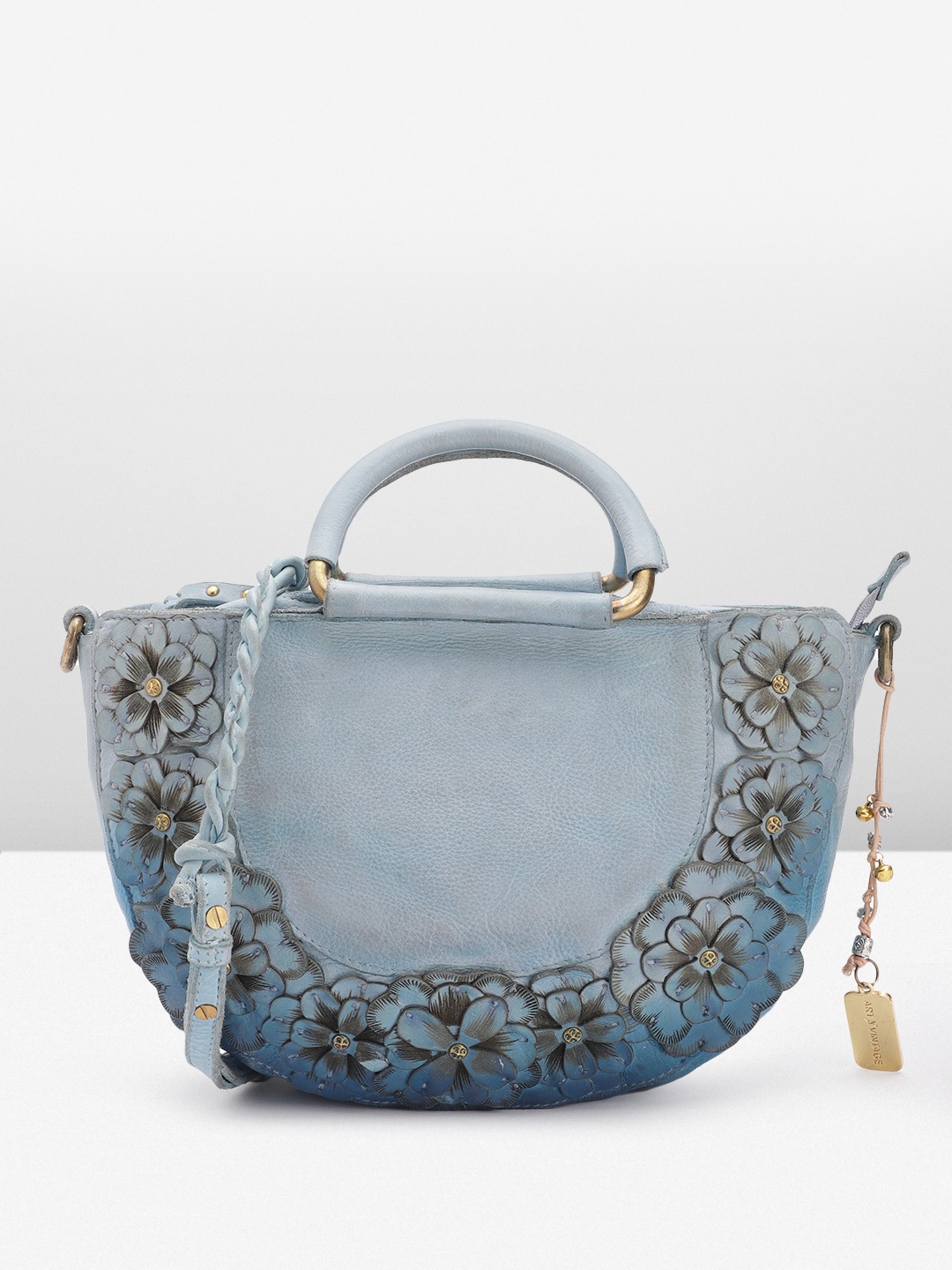 

ART N VINTAGE Floral Textured Leather Half Moon Sling Bag, Blue