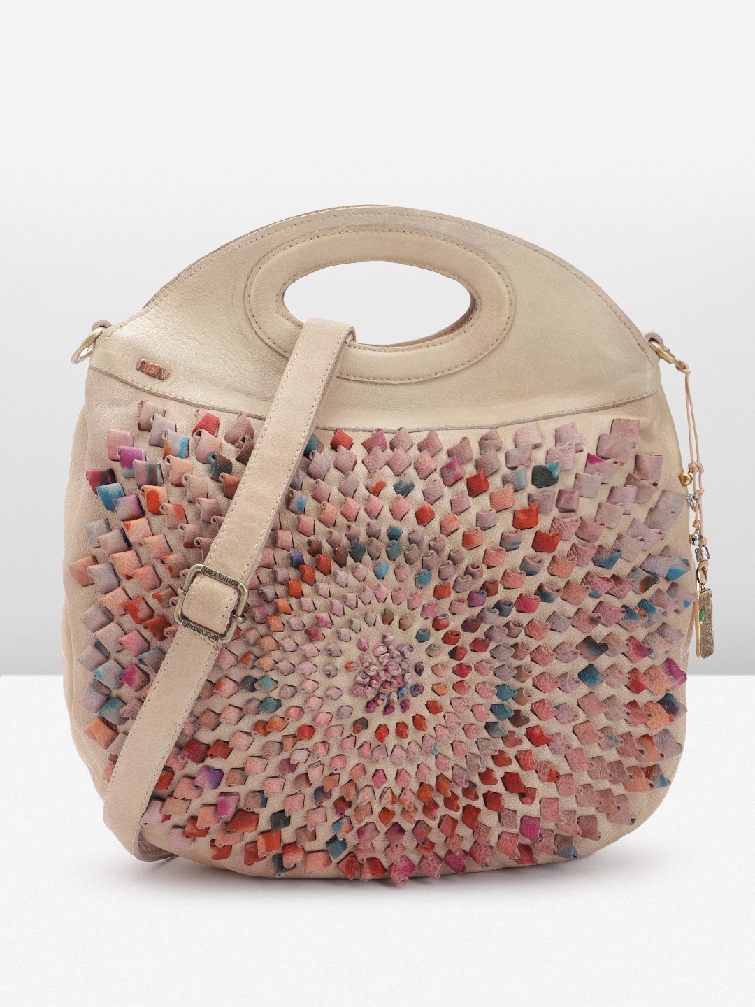 

ART N VINTAGE Floral Textured Leather Structured Sling Bag, Beige