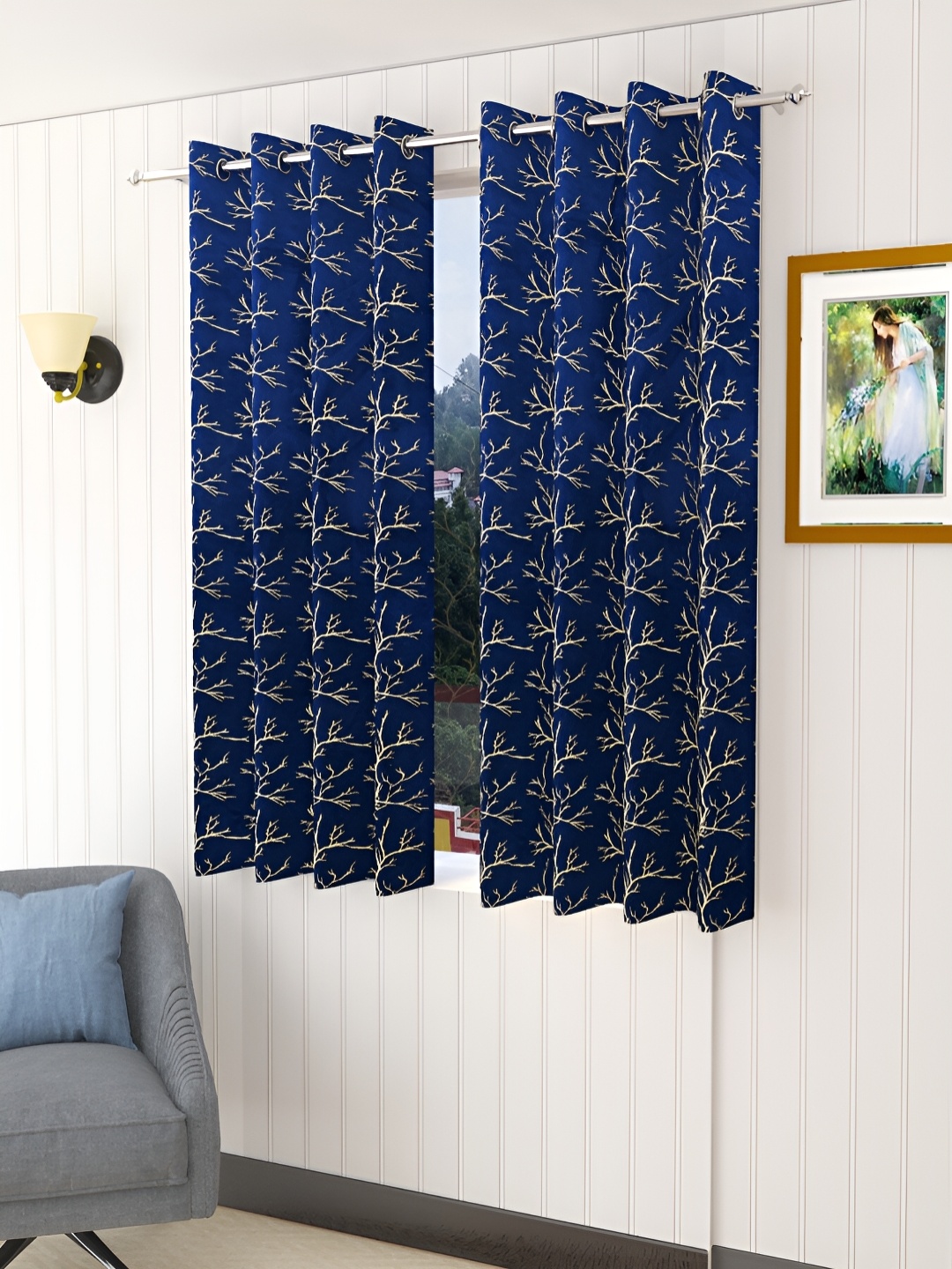 

Aura Velfoil Navy Blue 2 Pieces Floral Eyelet Velvet Room Darkening Window Curtains