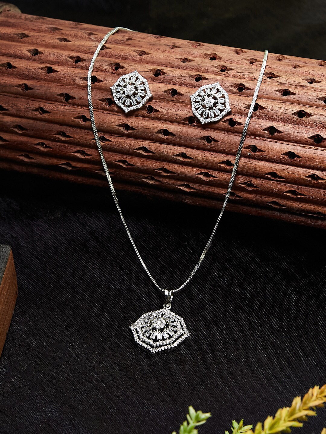

ATIBELLE Silver-plated CZ-Studded Pendant Pendant & Earrings