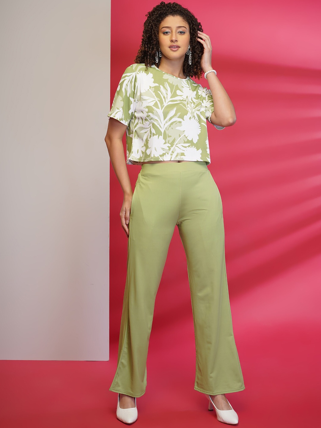 

DressBerry Green Printed Short Sleeves T-Shirt And Trouser, Sea green