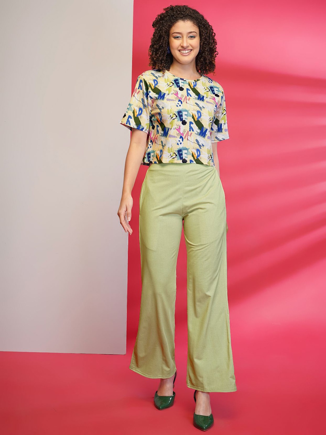 

DressBerry Fluorescent Green Typography Printed Short Sleeves Top With Trouser