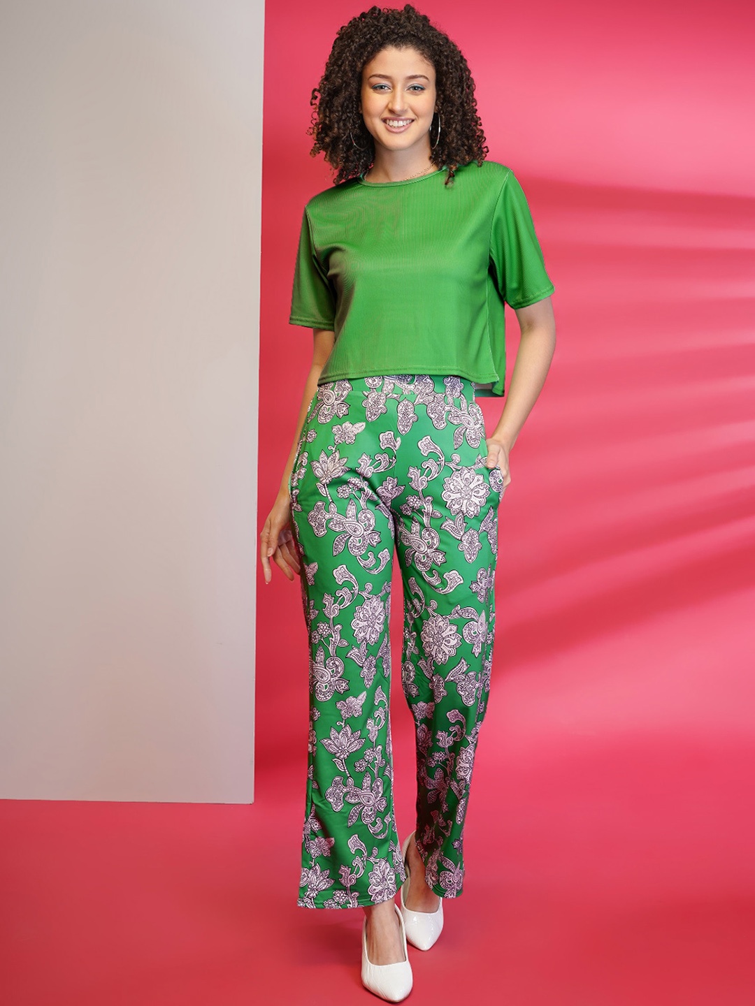 

DressBerry Lime Green Short Sleeves Top With Printed Trouser