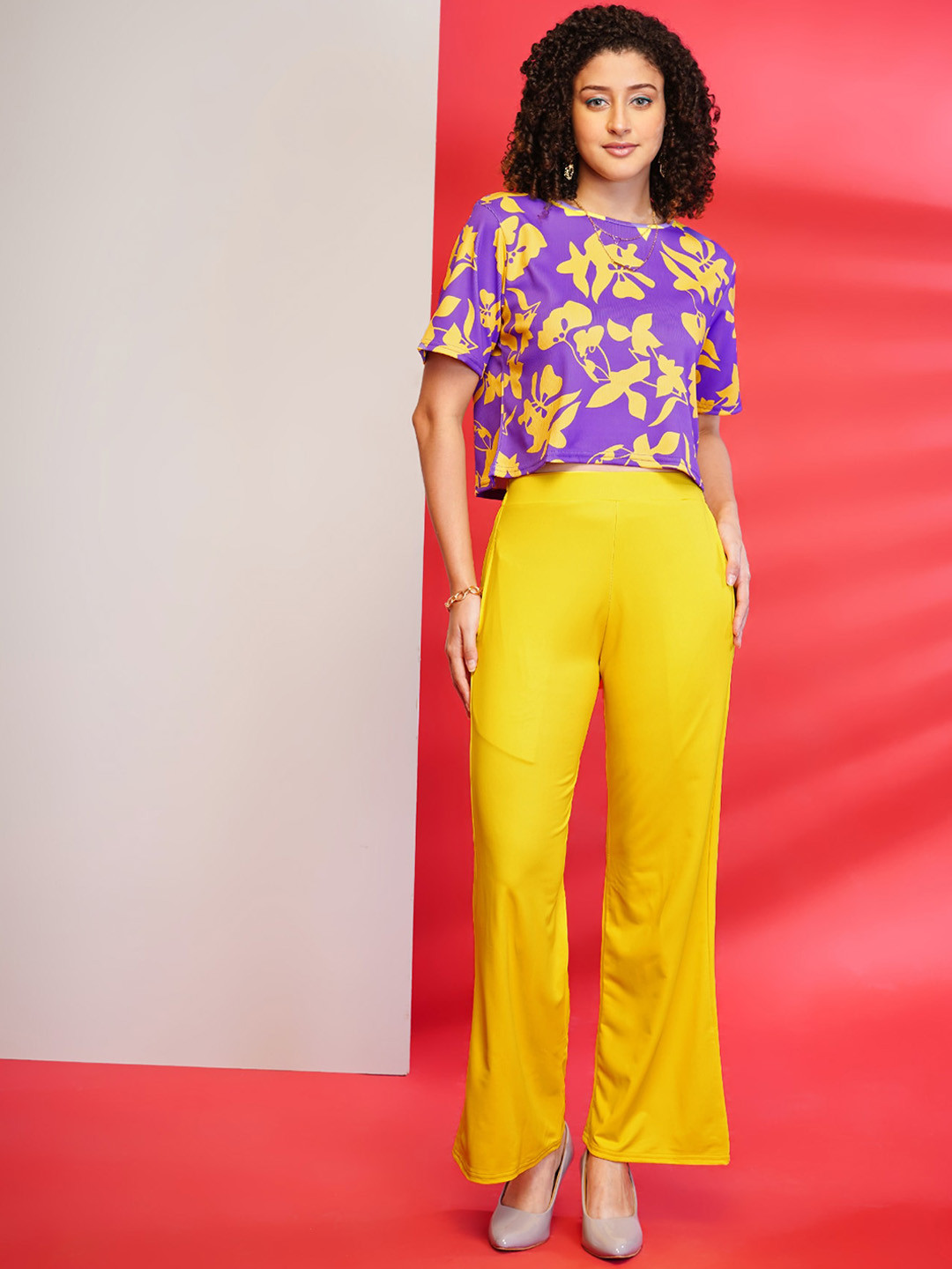 

DressBerry Purple Printed Short Sleeves T-Shirt And Trouser